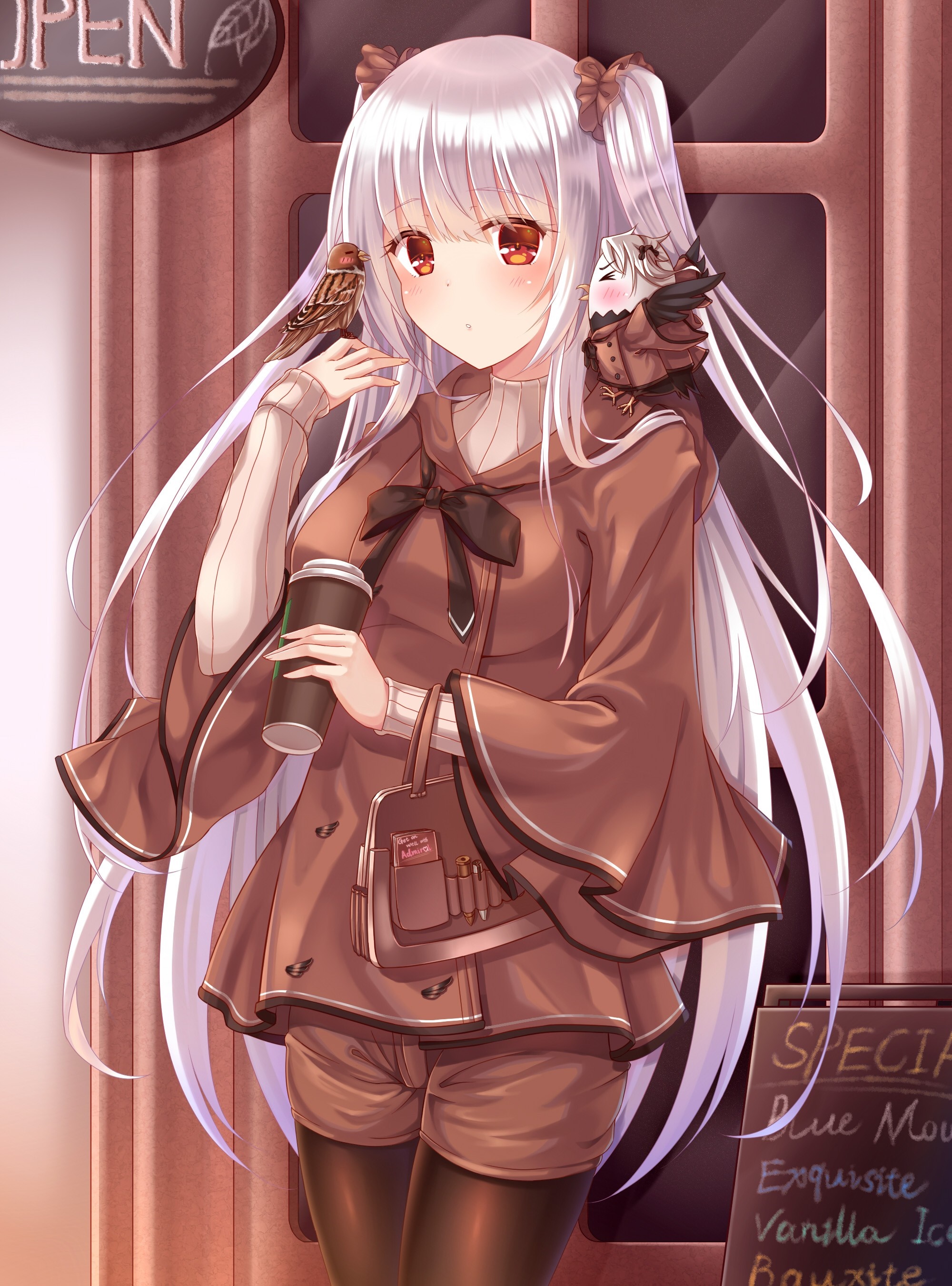 Anime girl with white hair and birds holding a coffee cup HD Wallpaper