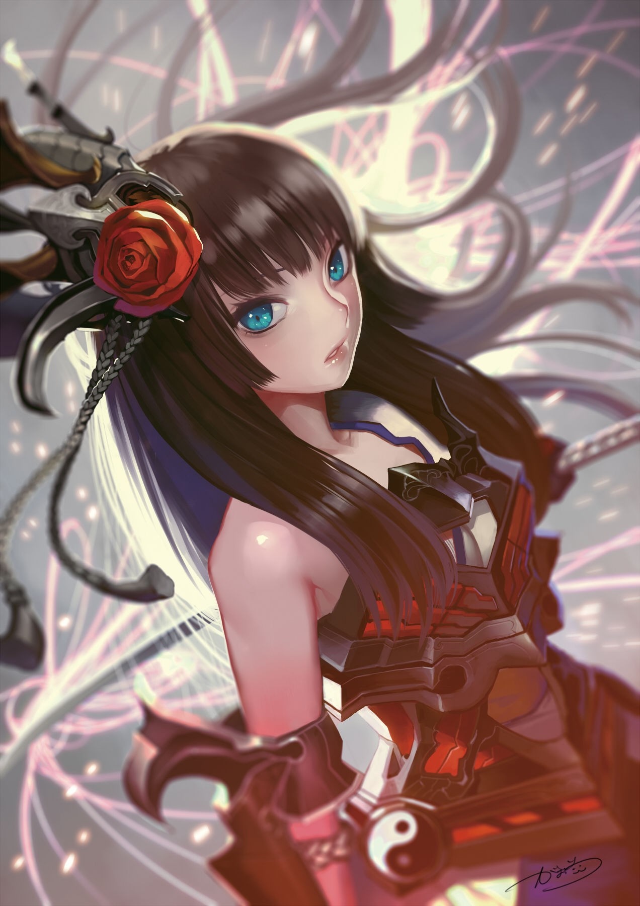 Anime girl with blue eyes and red rose in hair HD Wallpaper