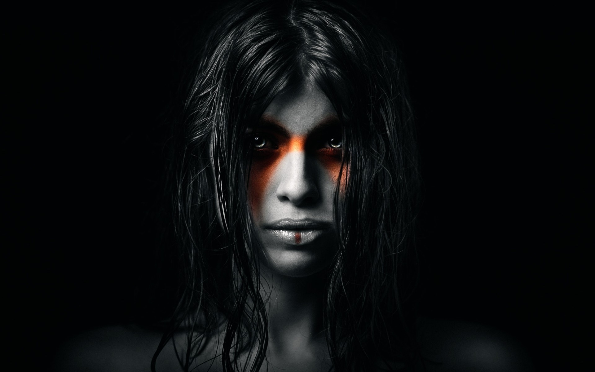 Woman with orange face paint and black hair HD Wallpaper