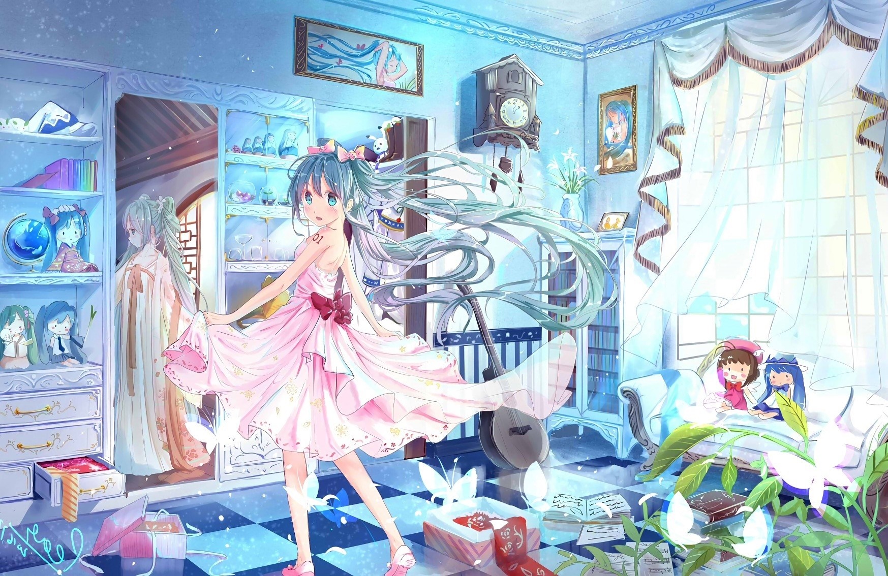 Hatsune Miku in a Dreamy Blue Room HD Wallpaper