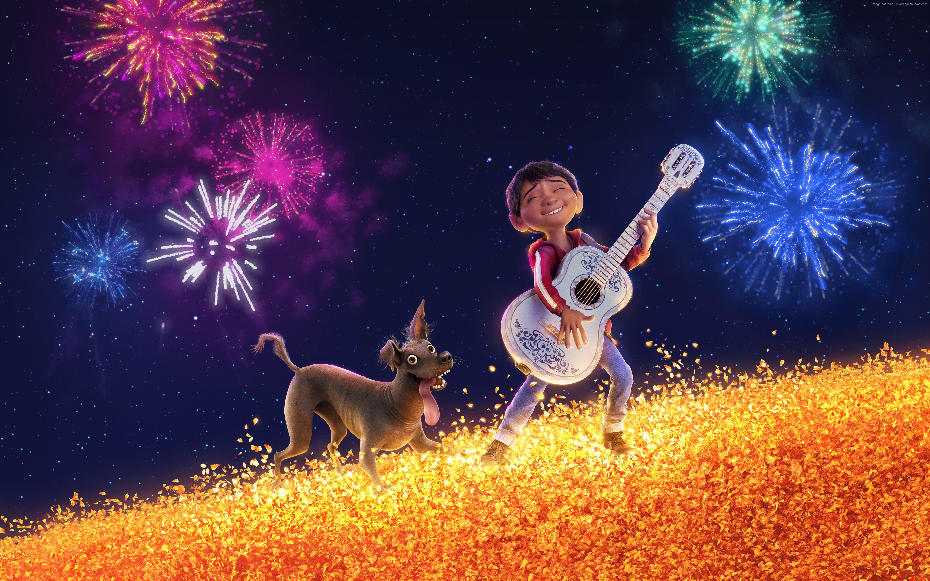 Miguel and Dante from Coco with fireworks HD Wallpaper