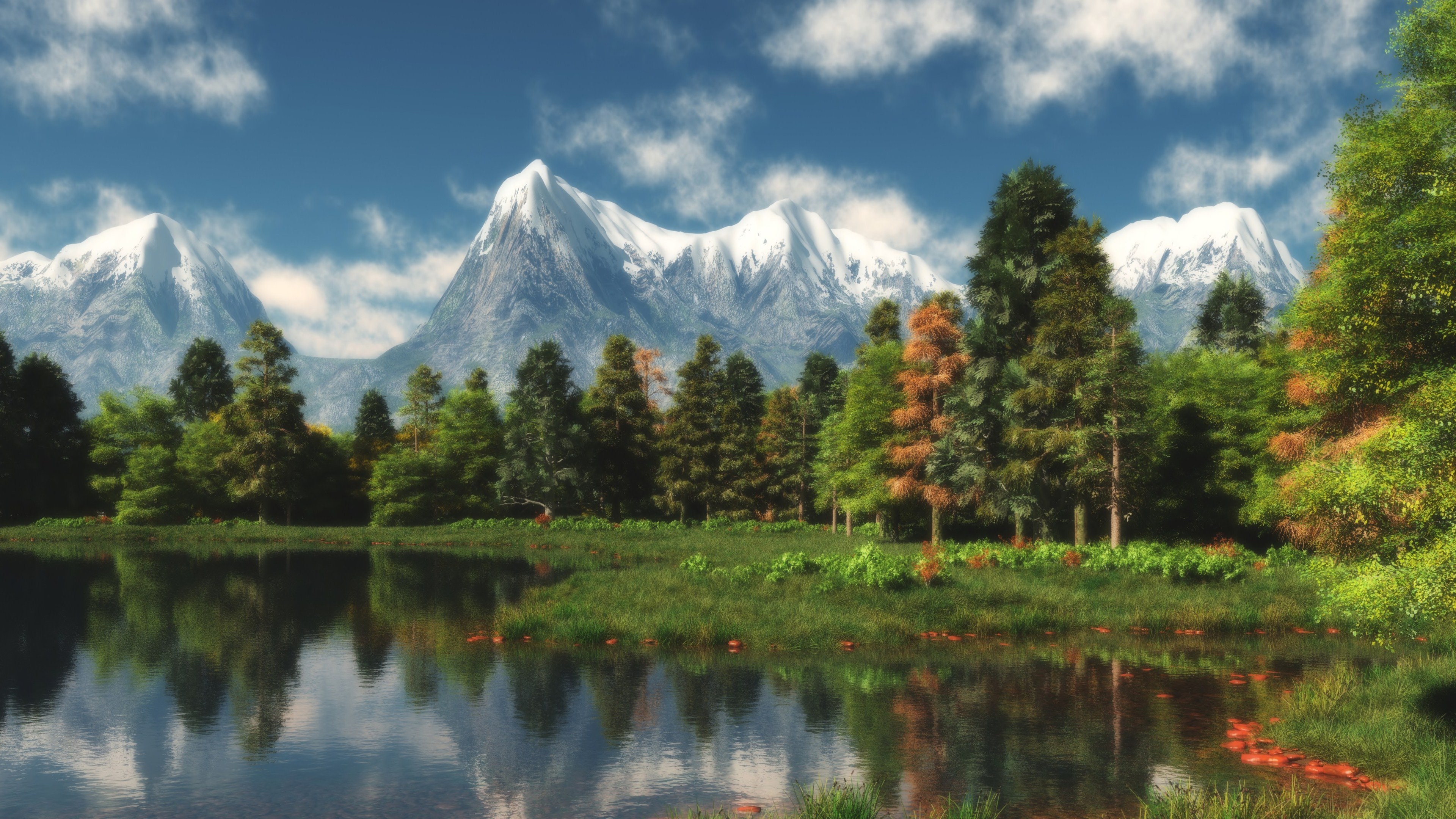 Snow-capped mountains reflected in a lake with trees HD Wallpaper