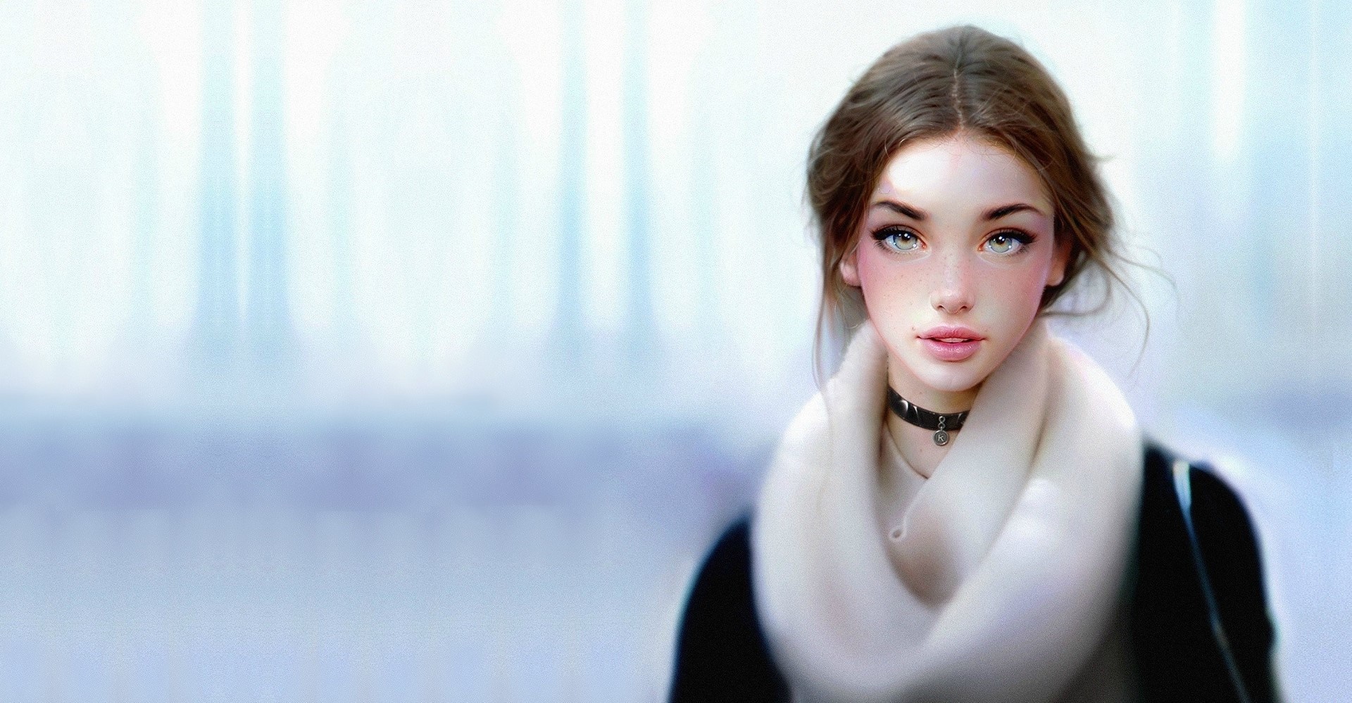 Digital painting of a young woman with brown hair HD Wallpaper