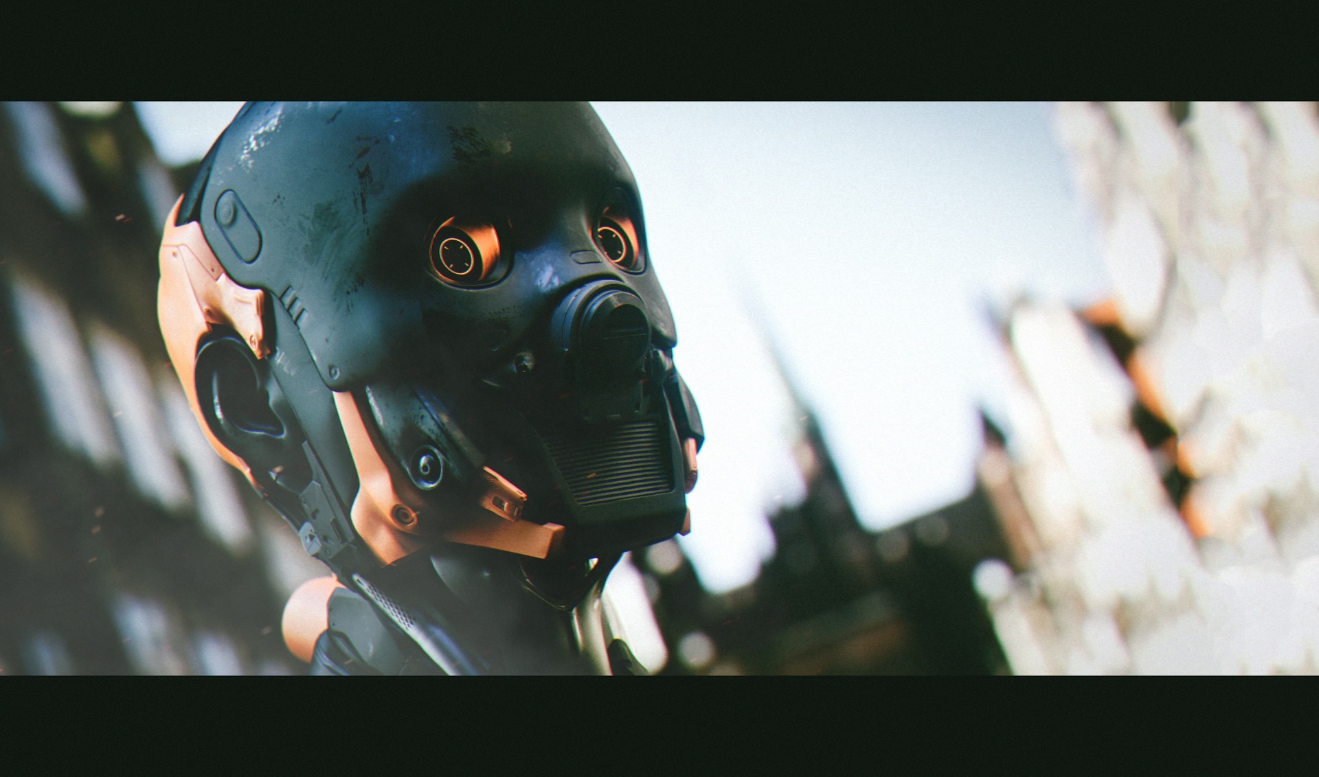 Sci-fi robot head with orange eyes in ruins HD Wallpaper