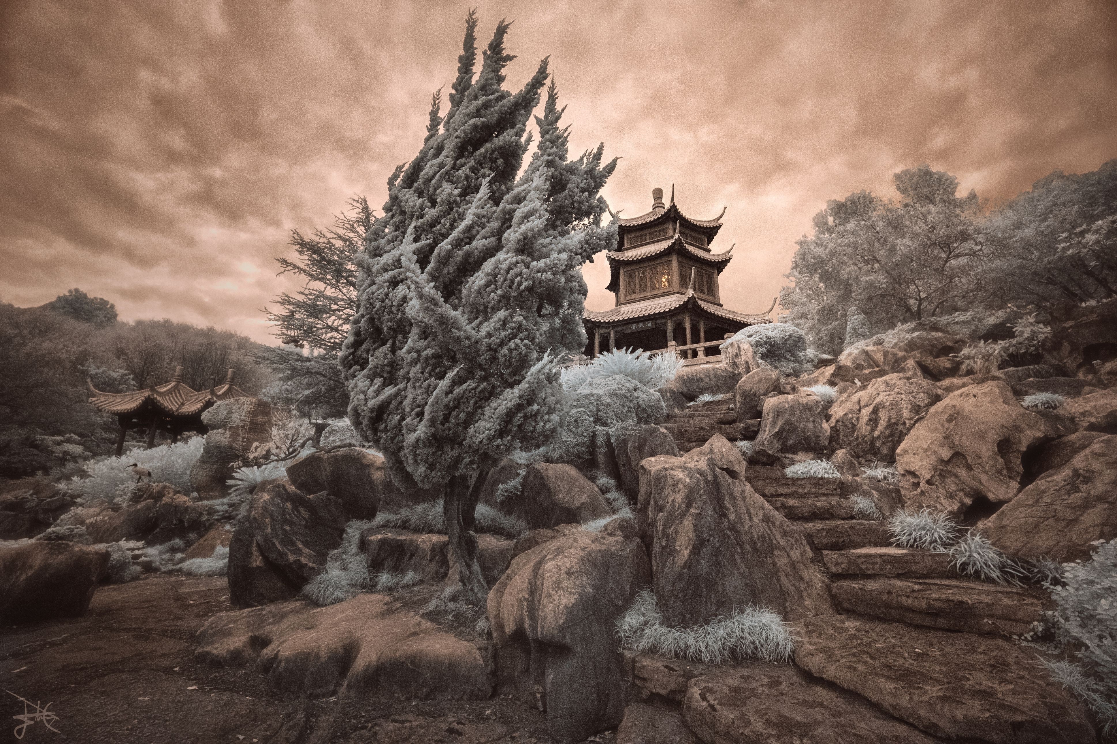 Infrared Pagoda Landscape with Rocks and Trees HD Wallpaper