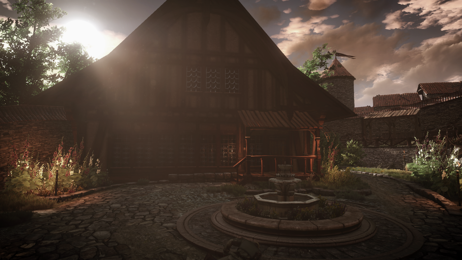 The Witcher 3 Wild Hunt screenshot of a courtyard with a fountain HD Wallpaper