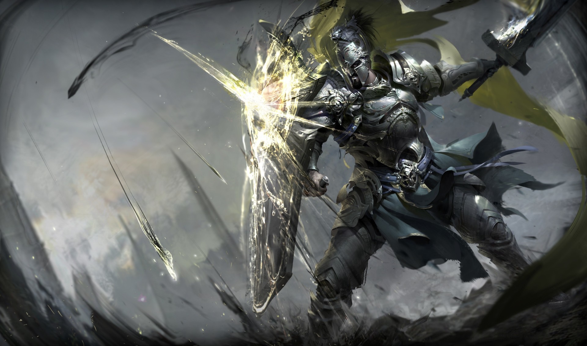 Knight in shining armor blocking an attack with a shield HD Wallpaper
