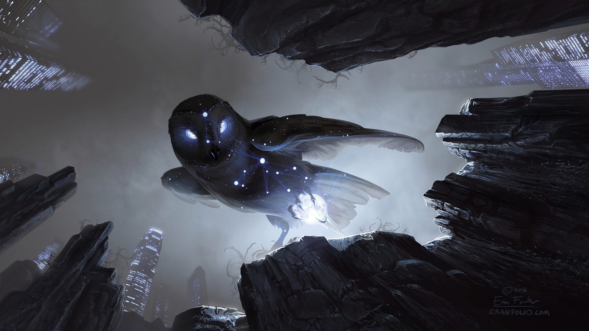 Cosmic Owl flying through a dark, rocky, futuristic city HD Wallpaper