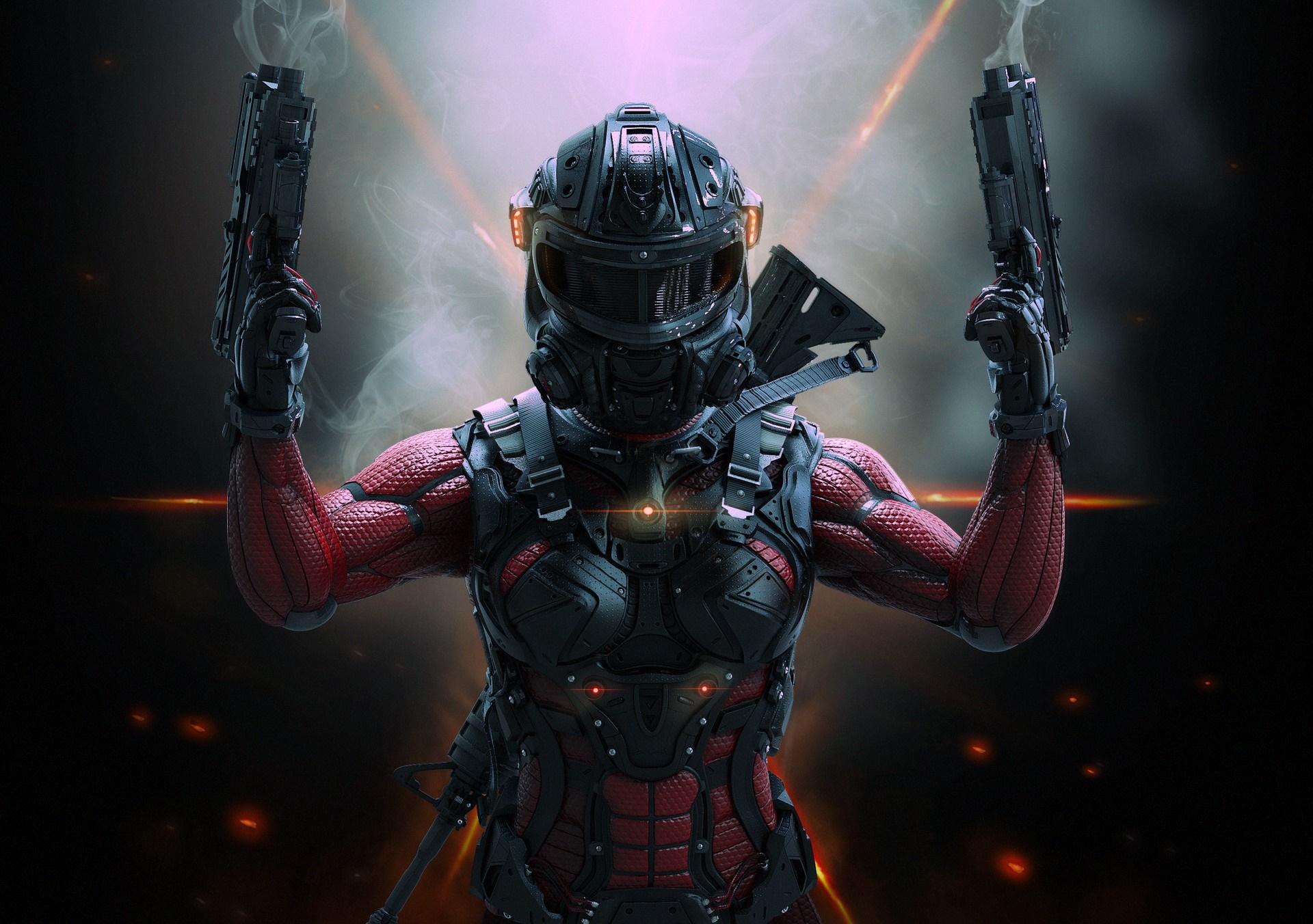 Woman in sci-fi armor holding two guns HD Wallpaper