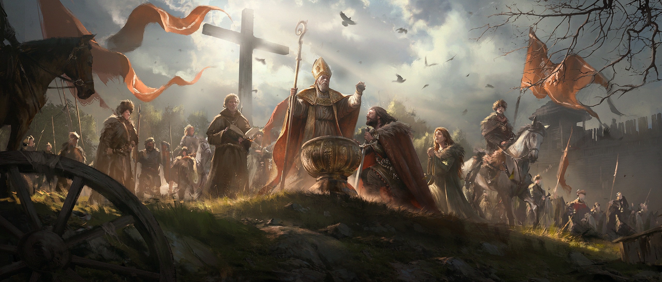 Bishop performing a ritual with a crowd and a cross HD Wallpaper