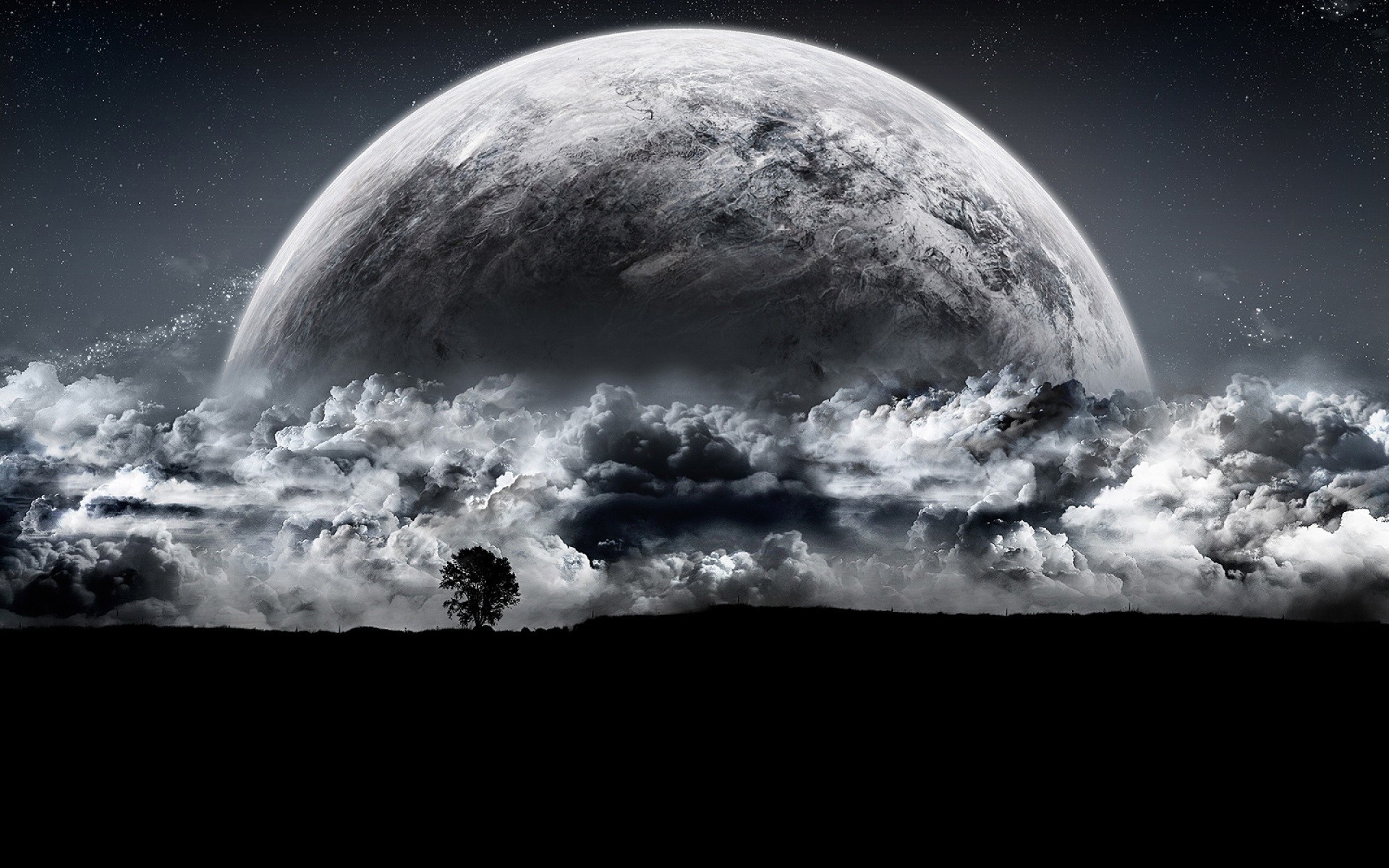 Planet rising over clouds with lone tree silhouette HD Wallpaper