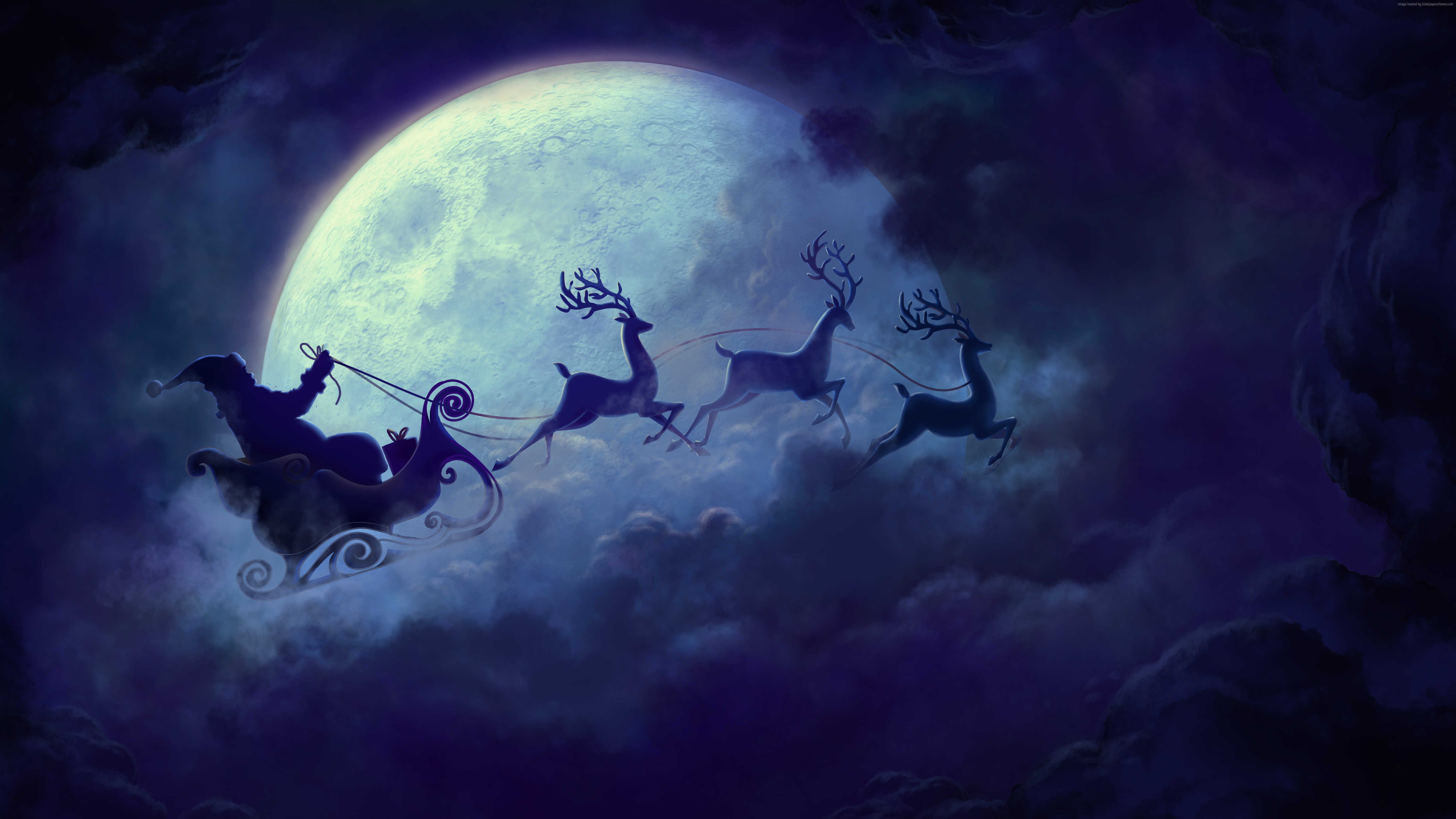 Santa Claus flying in his sleigh with reindeer across the moonlit sky HD Wallpaper
