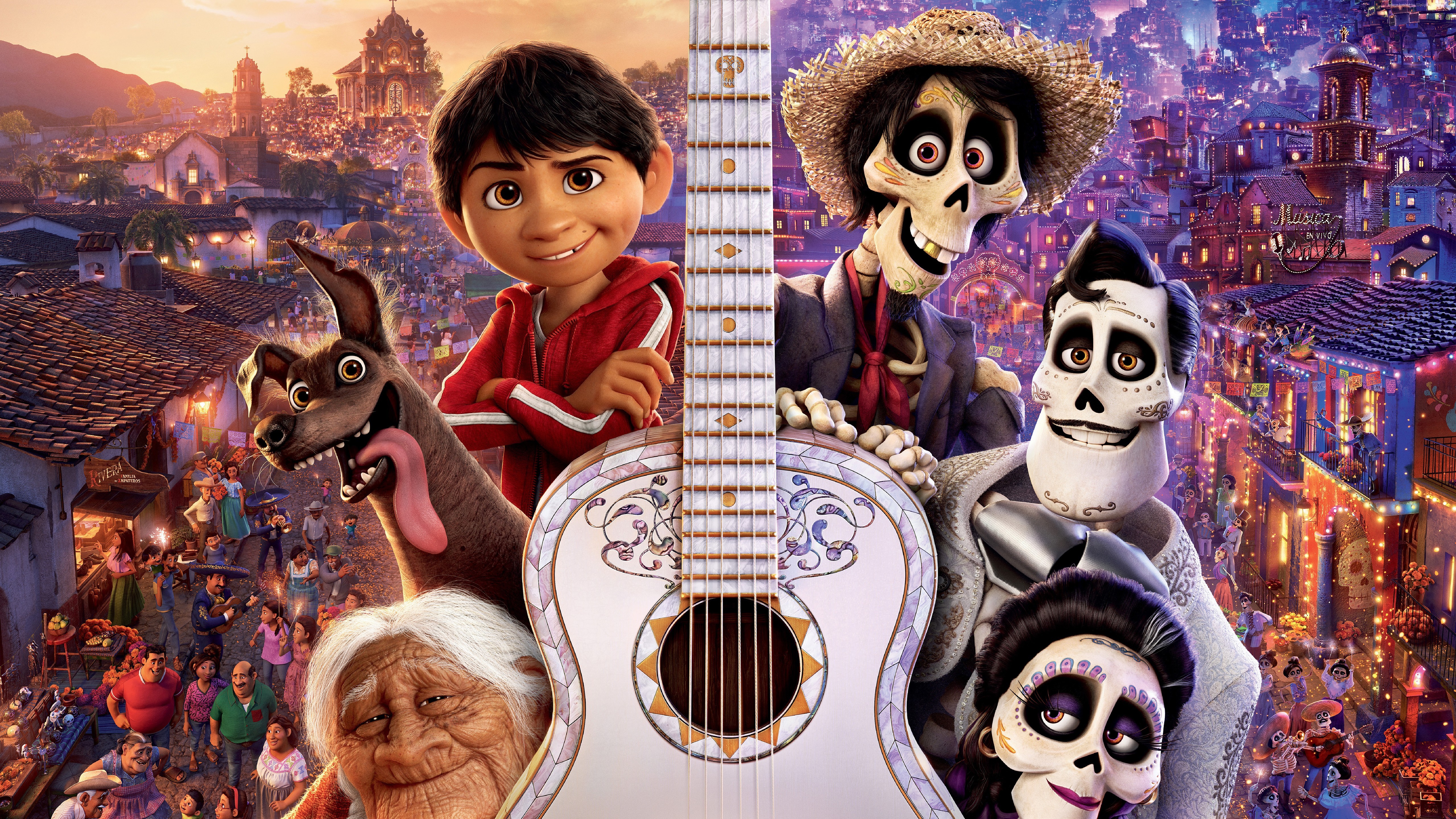 Miguel and Skeleton Family from Coco with Guitar HD Wallpaper
