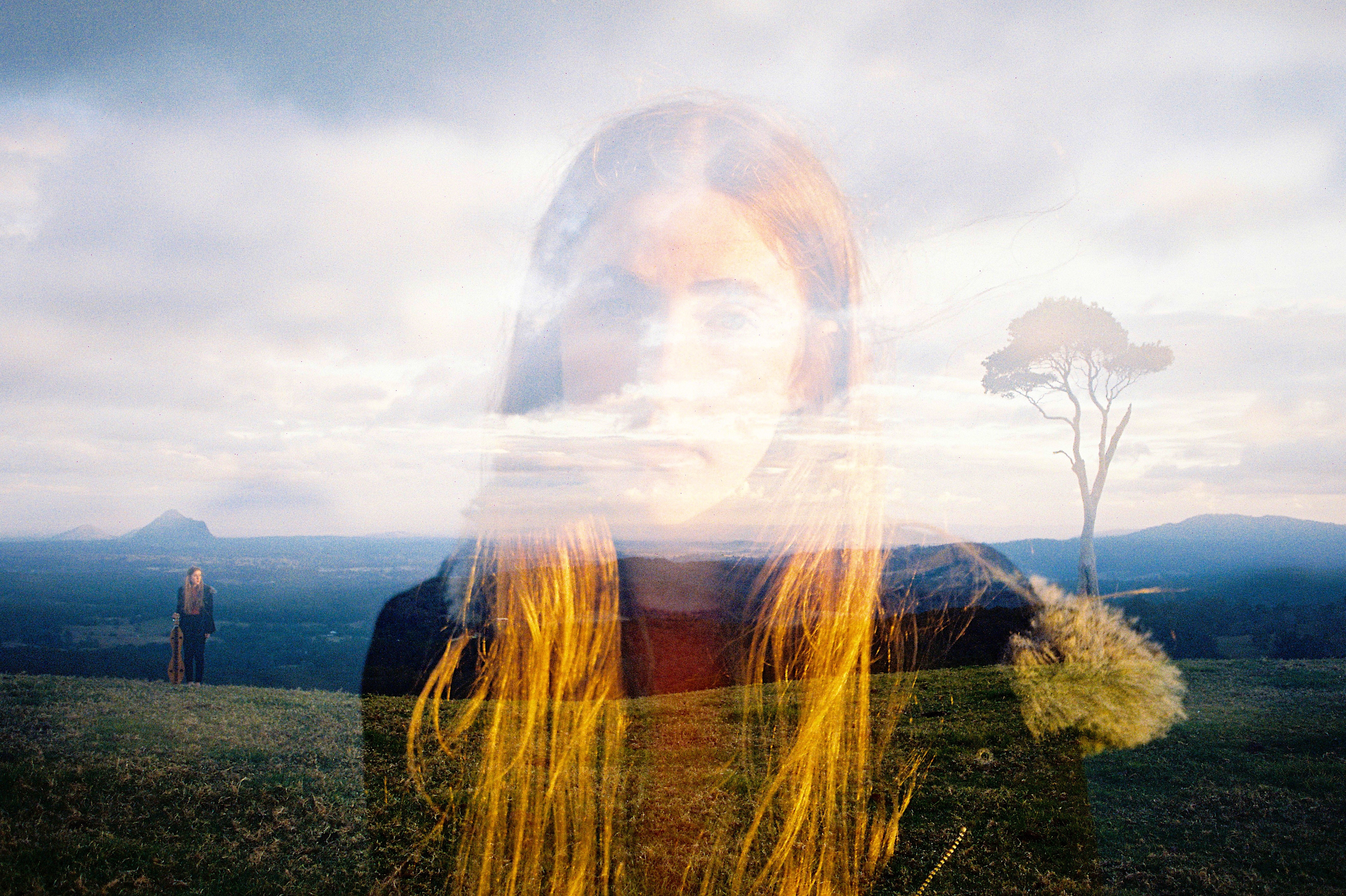 Double exposure of a woman and a landscape HD Wallpaper