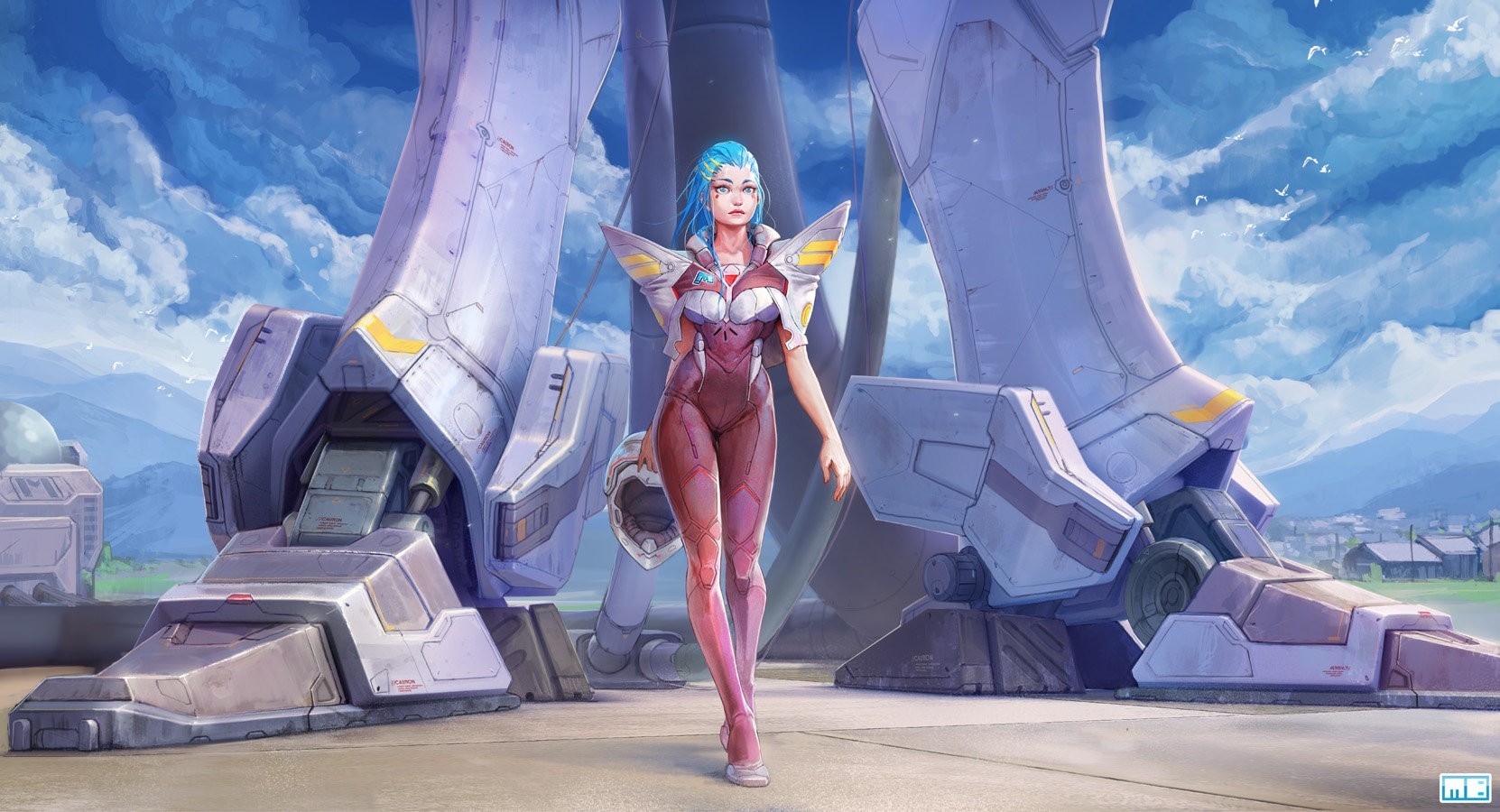 Woman in futuristic suit with giant mech HD Wallpaper
