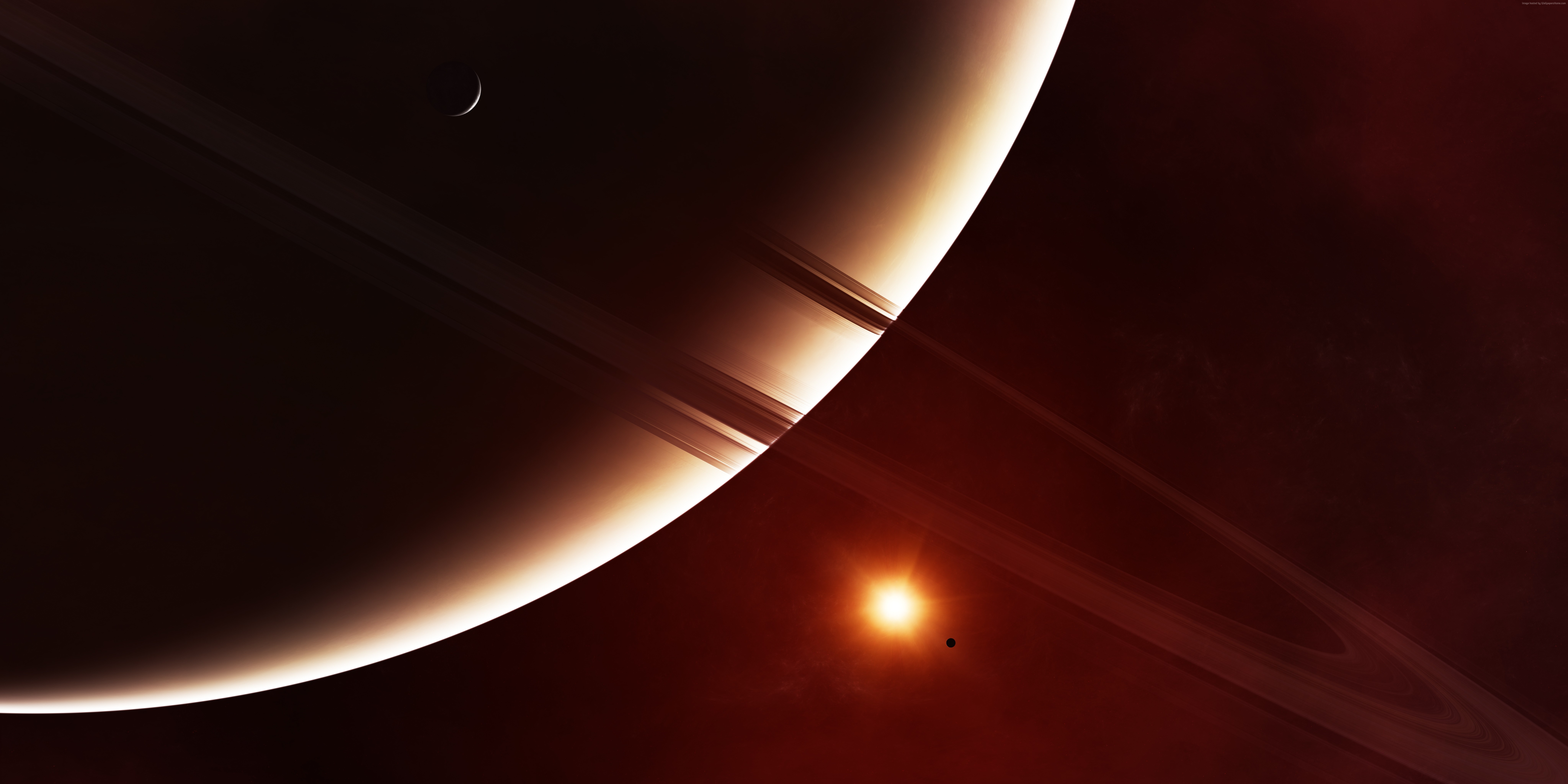 Saturn and its rings with a moon and sun HD Wallpaper