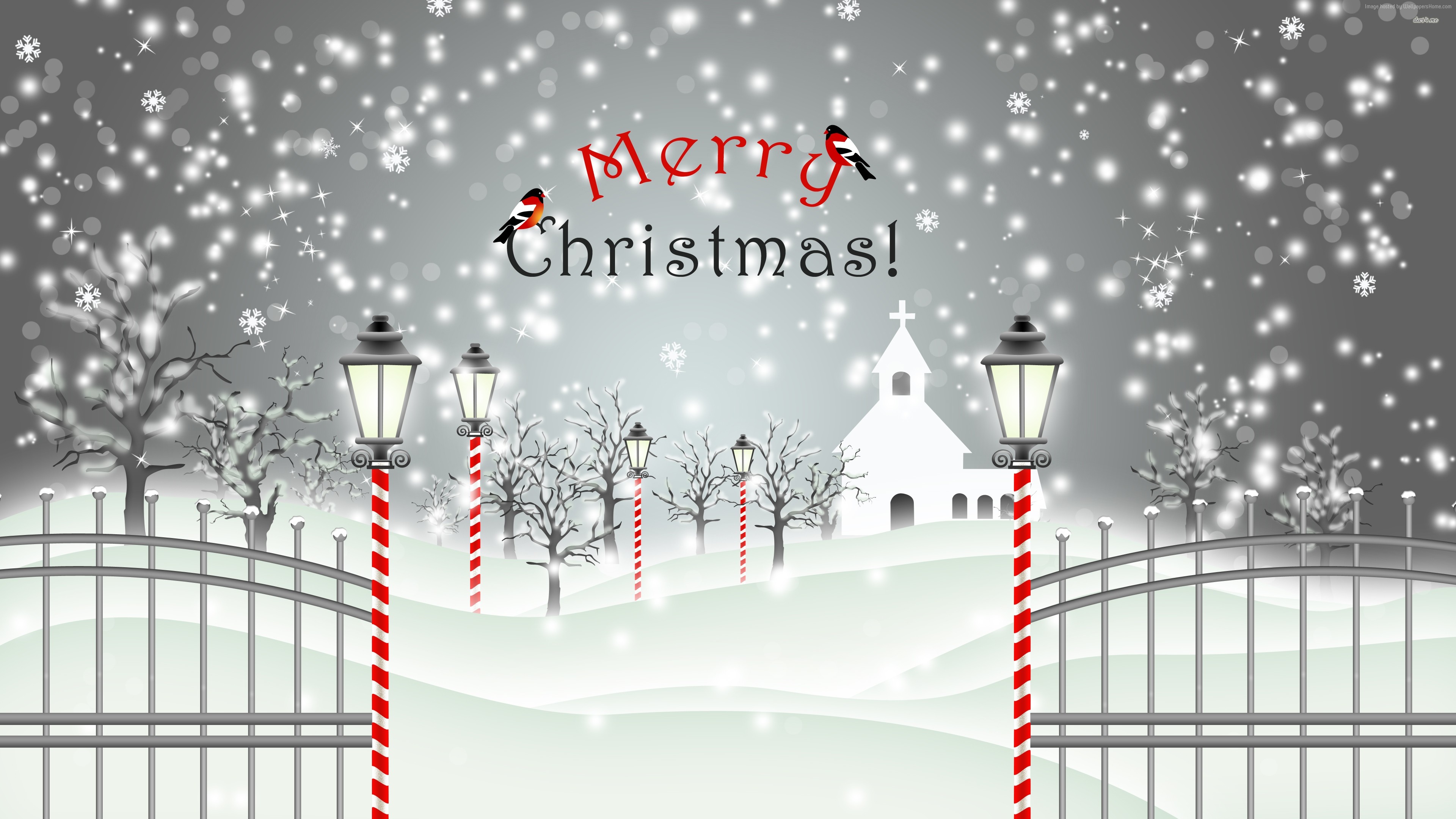 Merry Christmas winter scene with church and snow HD Wallpaper