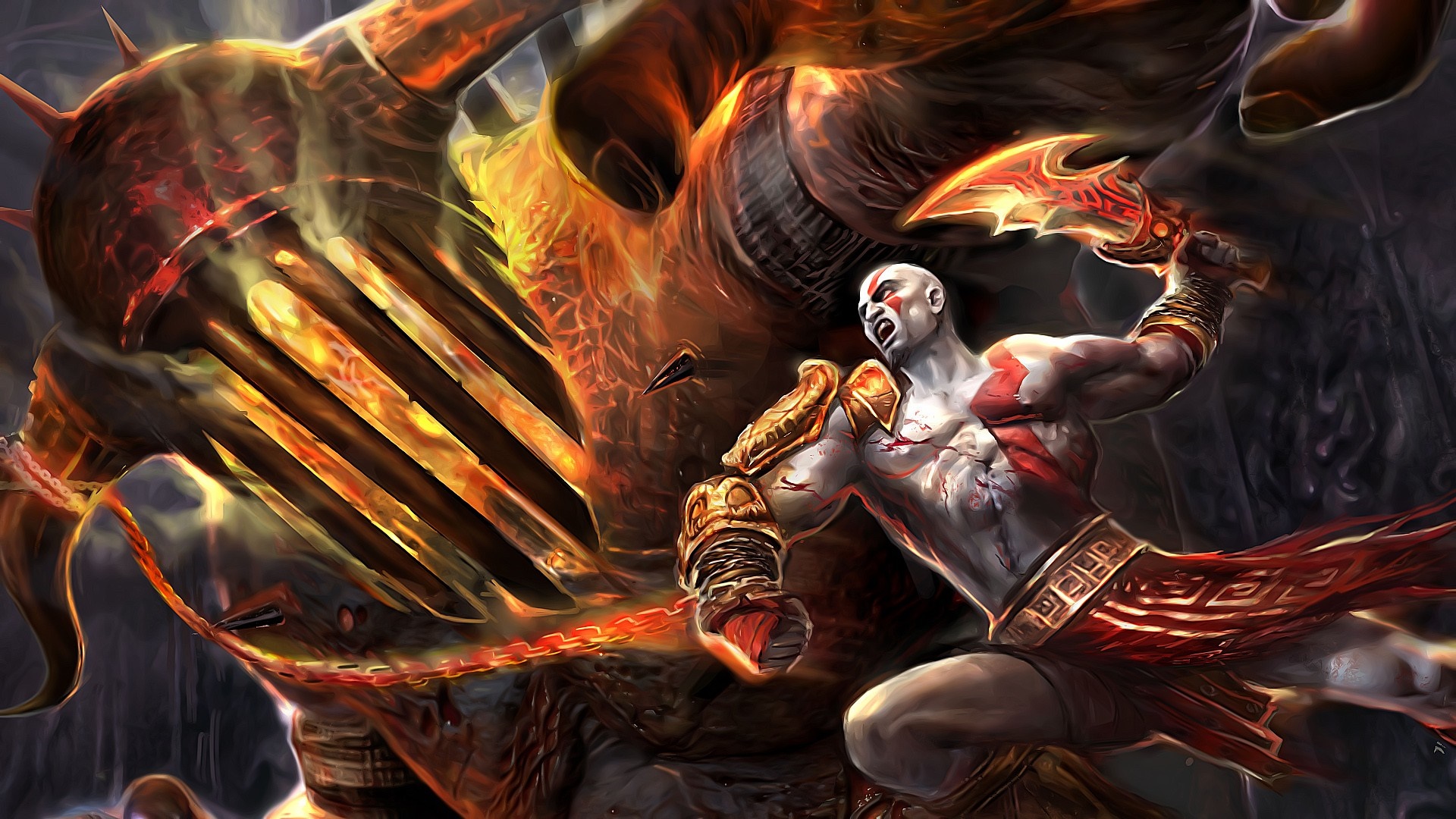 Kratos fighting a large fiery monster in God of War HD Wallpaper