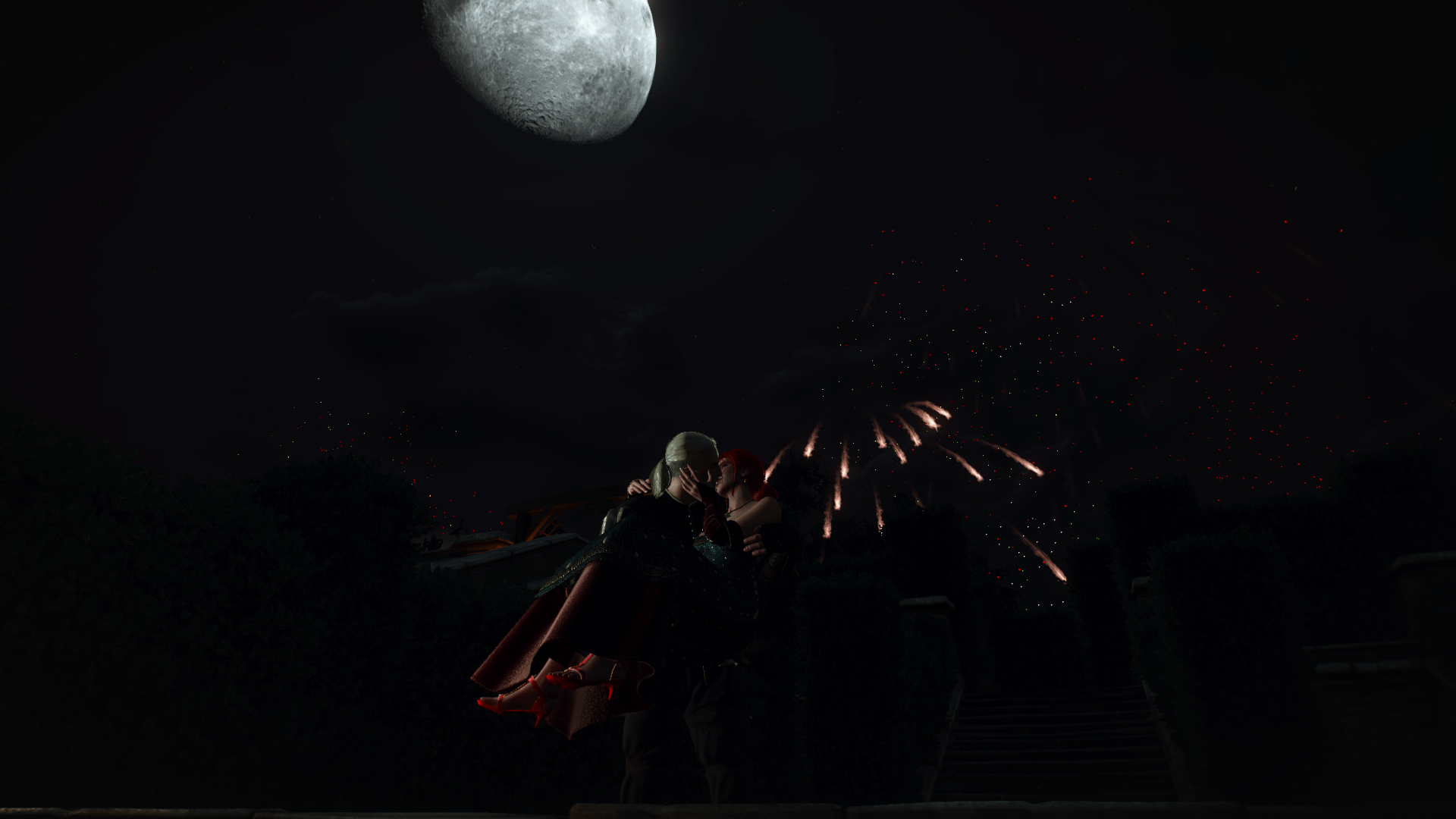 Geralt and Yennefer from The Witcher 3: Wild Hunt kissing under the moon HD Wallpaper