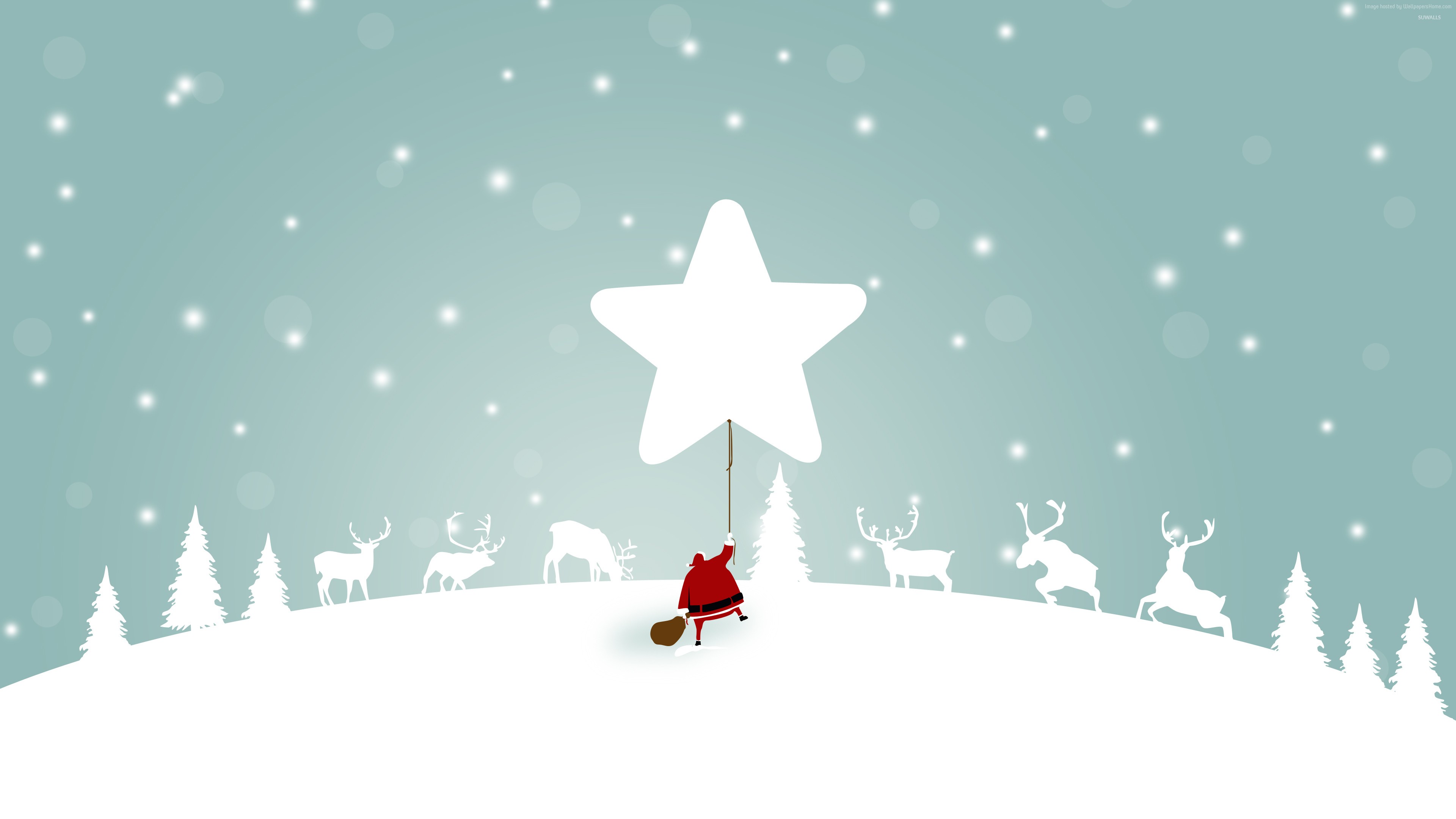 Santa Claus flying with a star in winter HD Wallpaper