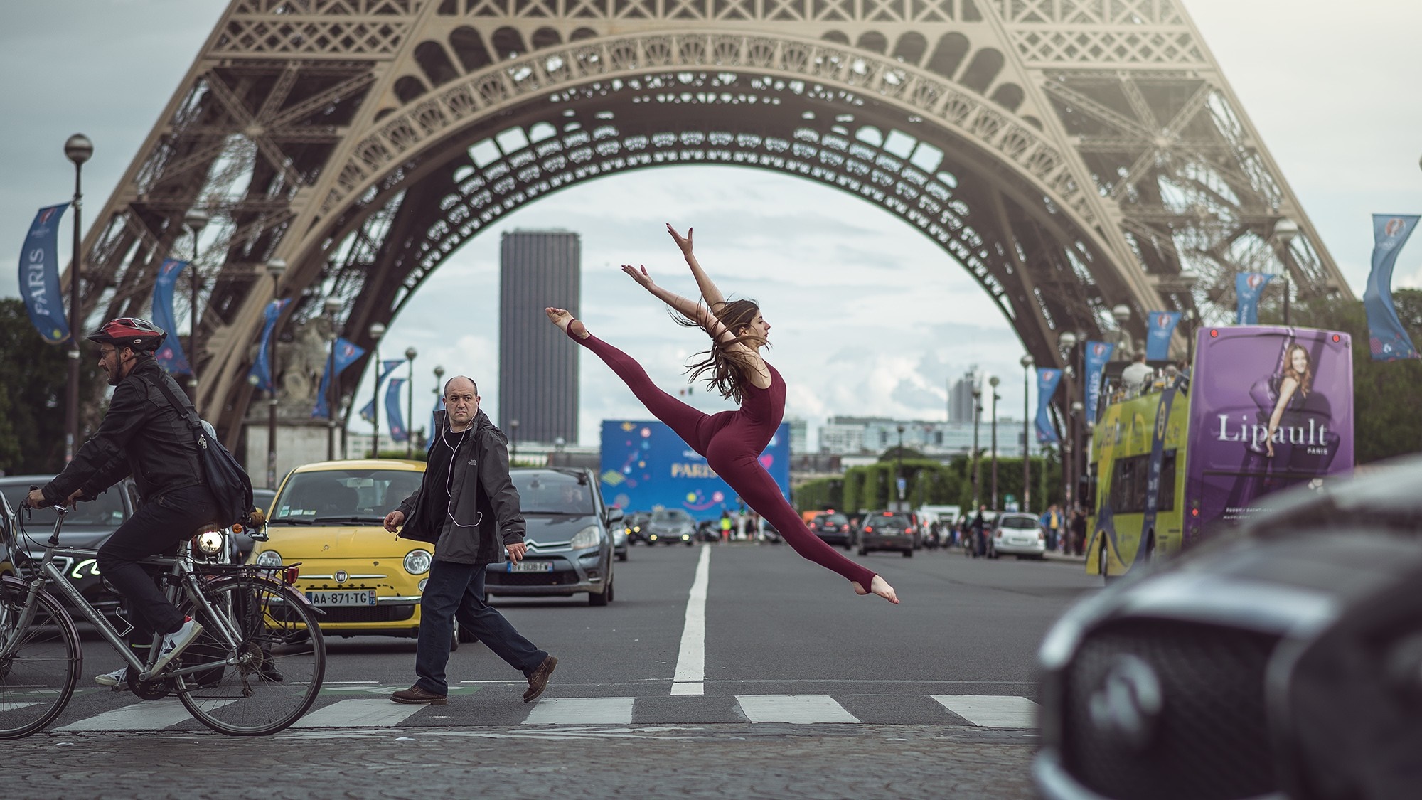 Ballerina jumping in front of Eiffel Tower, Paris HD Wallpaper
