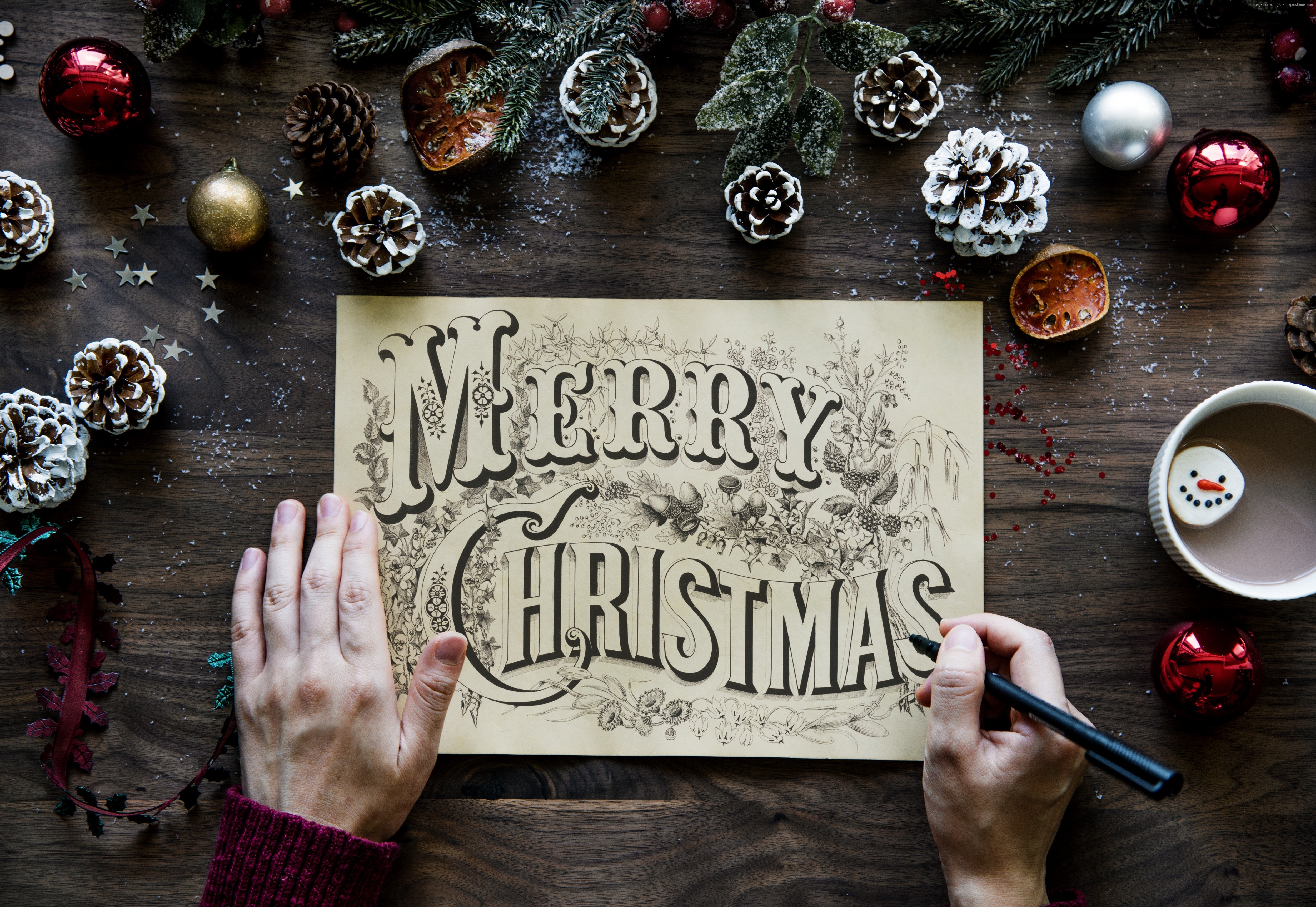Christmas card with decorations and hot chocolate HD Wallpaper