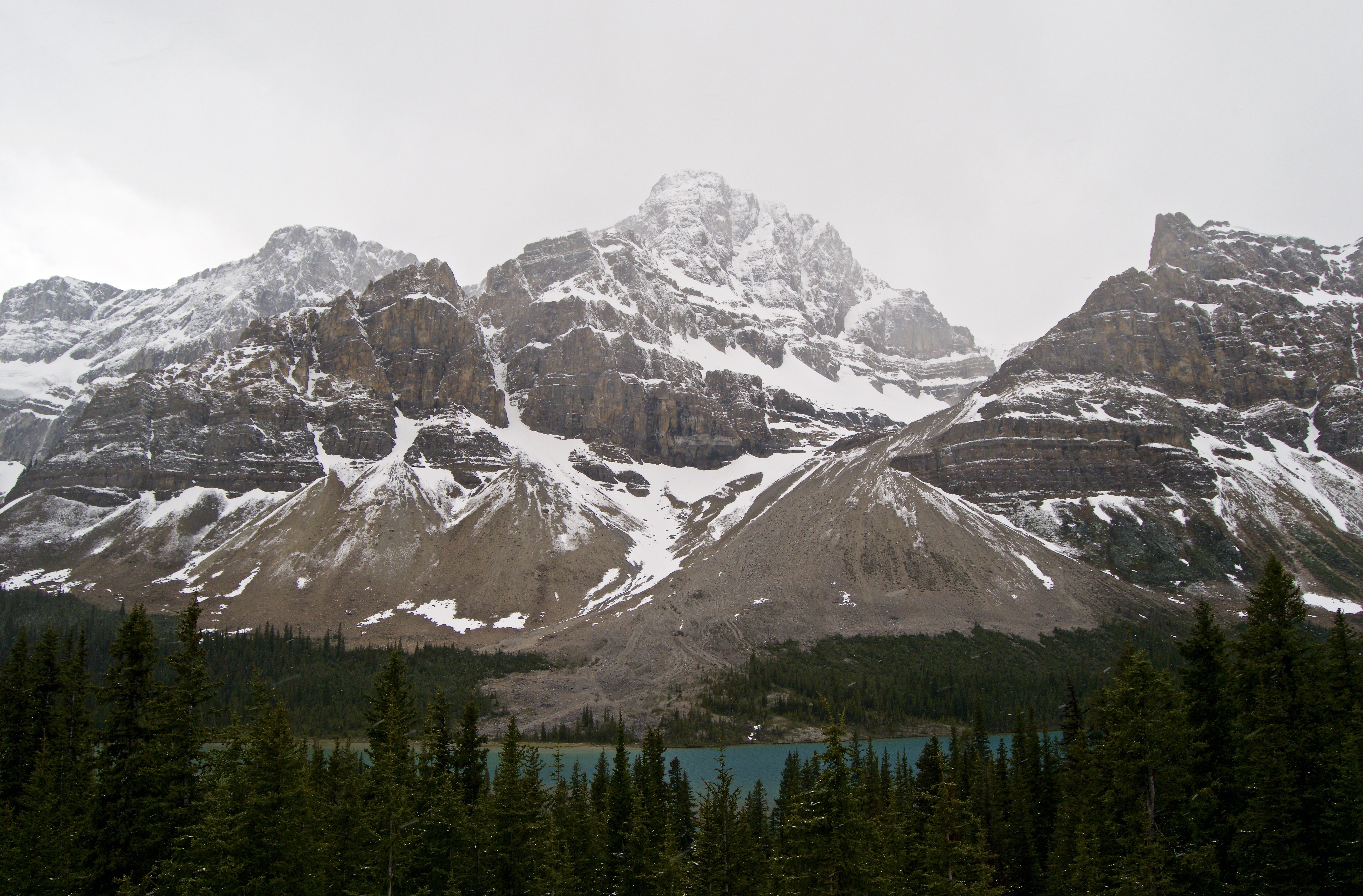 Snow-capped mountains overlooking a forest and lake HD Wallpaper