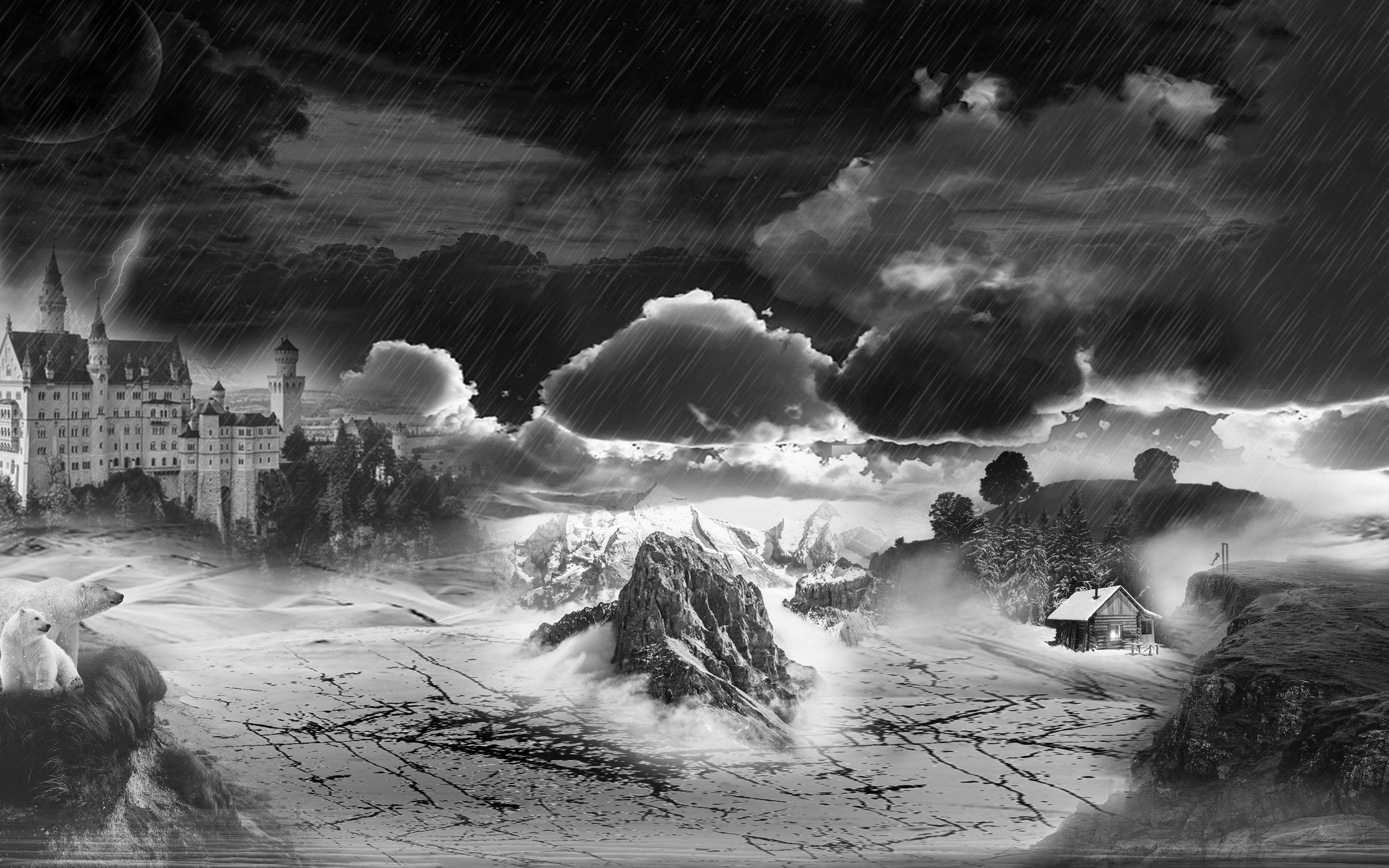 Monochrome stormy landscape with castle and cabin HD Wallpaper