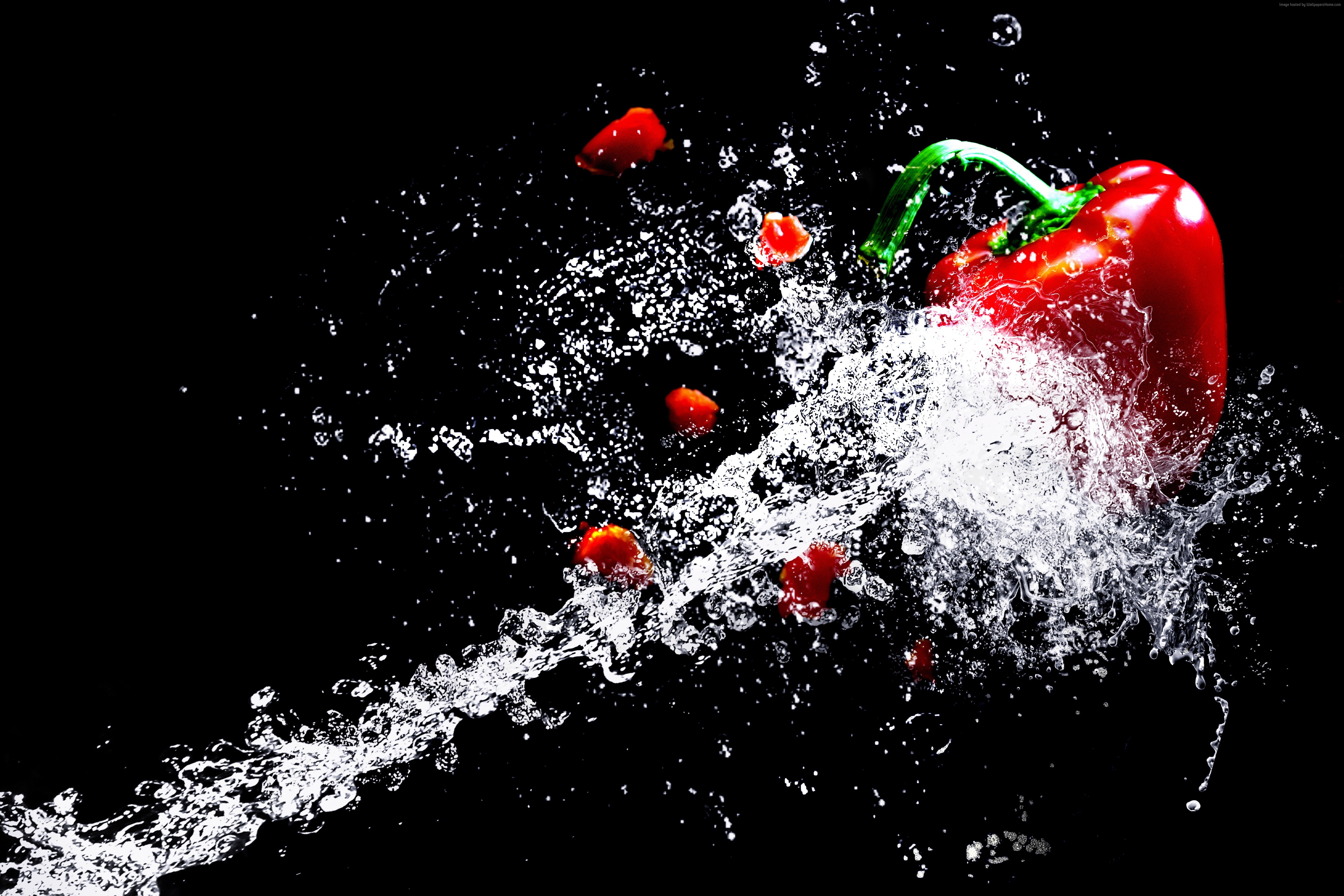 Red pepper splashing in water 4K HD Wallpaper