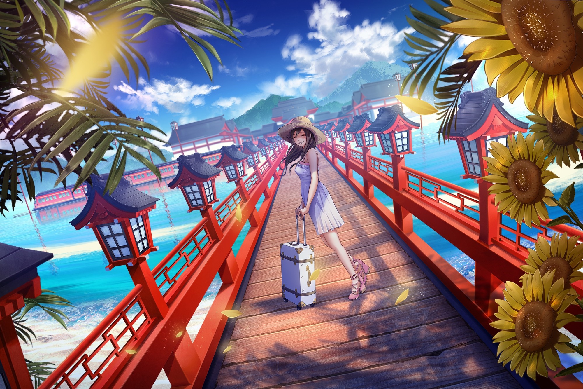 Anime girl with suitcase on a bridge with sunflowers HD Wallpaper