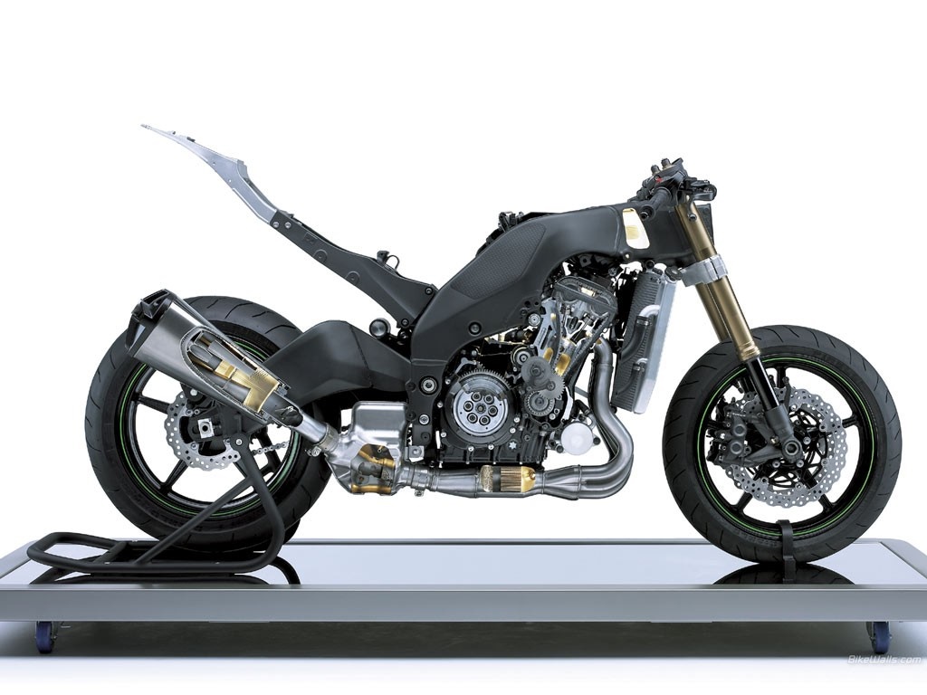 Kawasaki motorcycle engine and frame on display HD Wallpaper