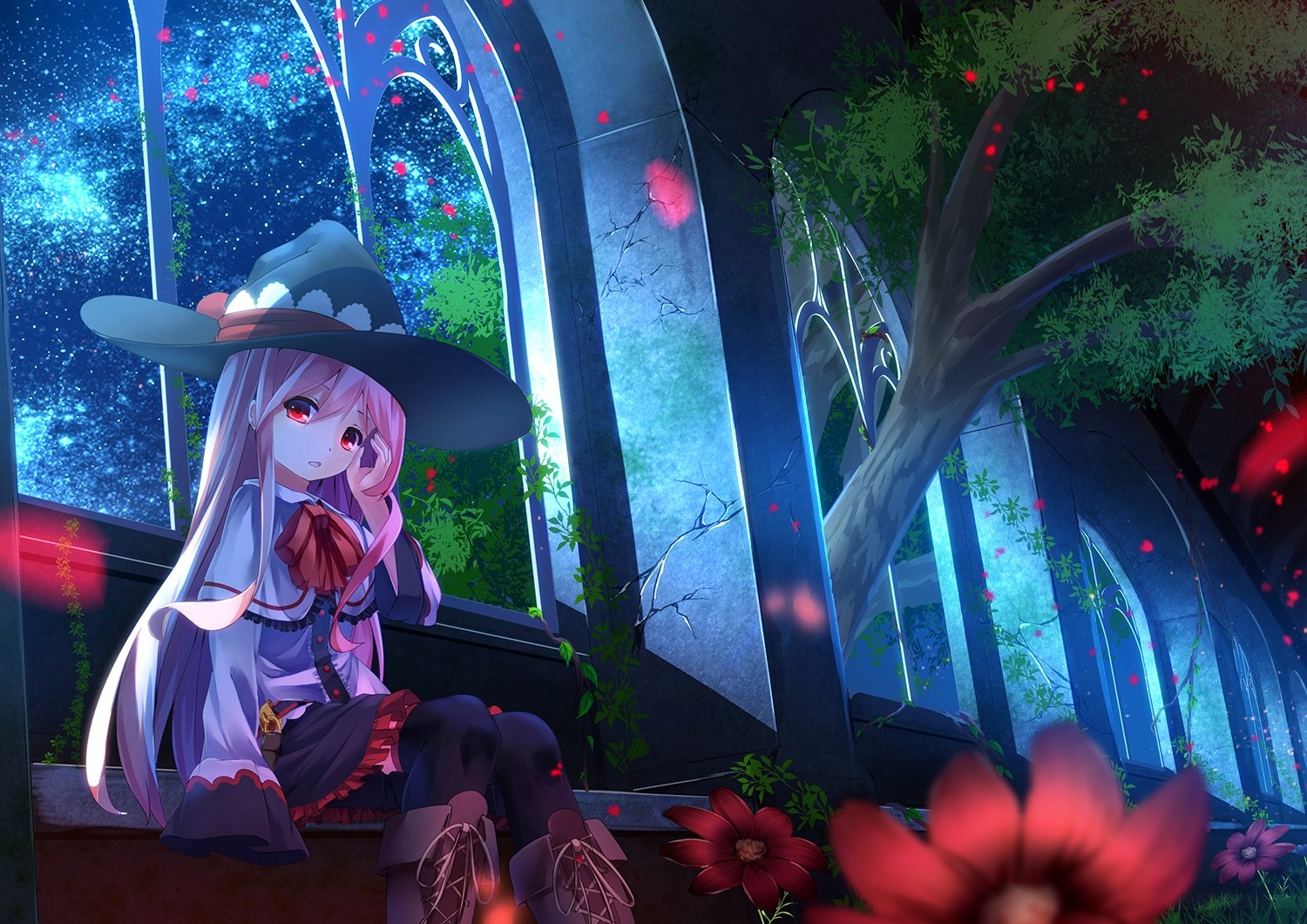 Anime girl with pink hair and witch hat at night HD Wallpaper