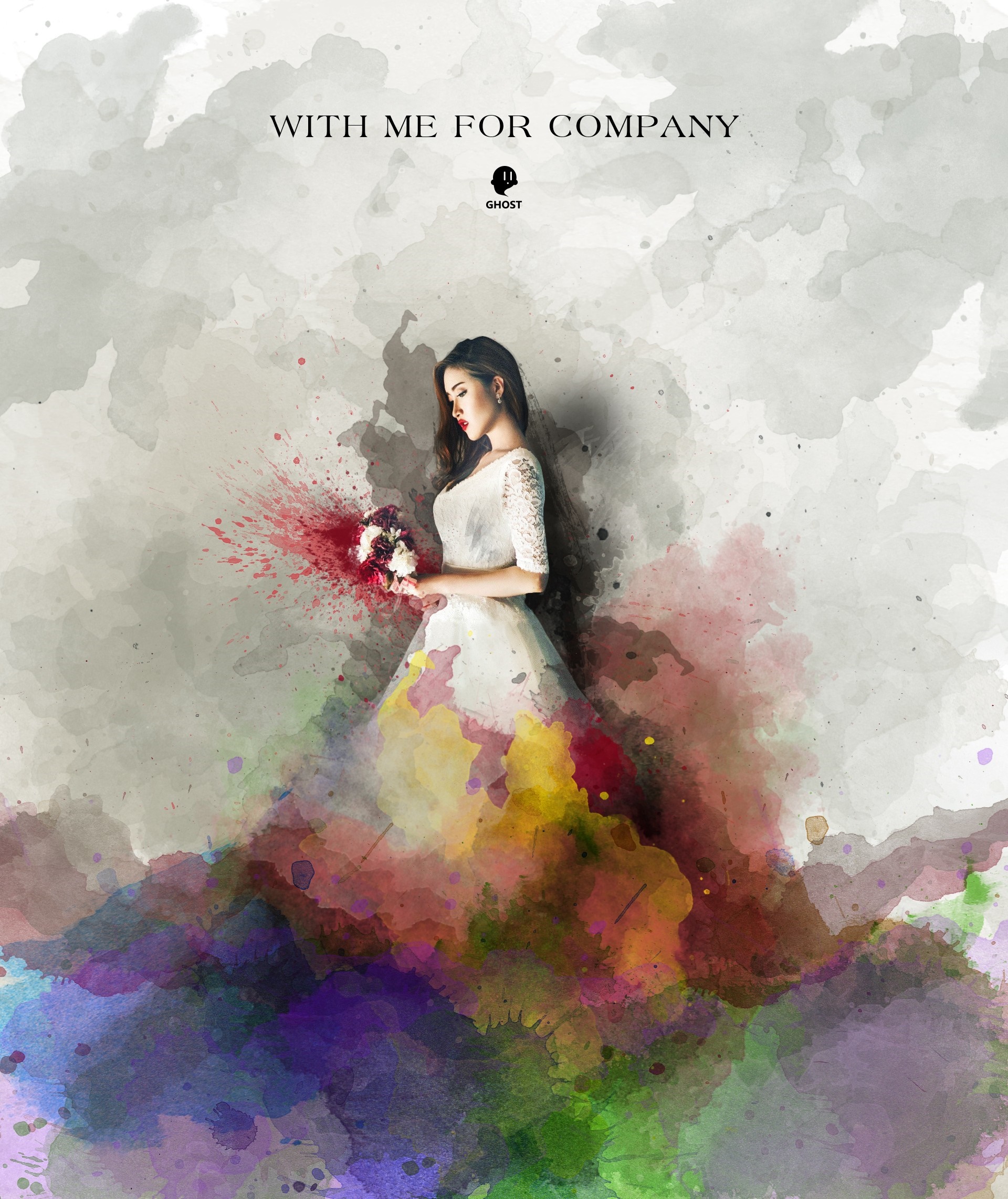 Woman in white dress holding bouquet with colorful watercolor splash HD Wallpaper