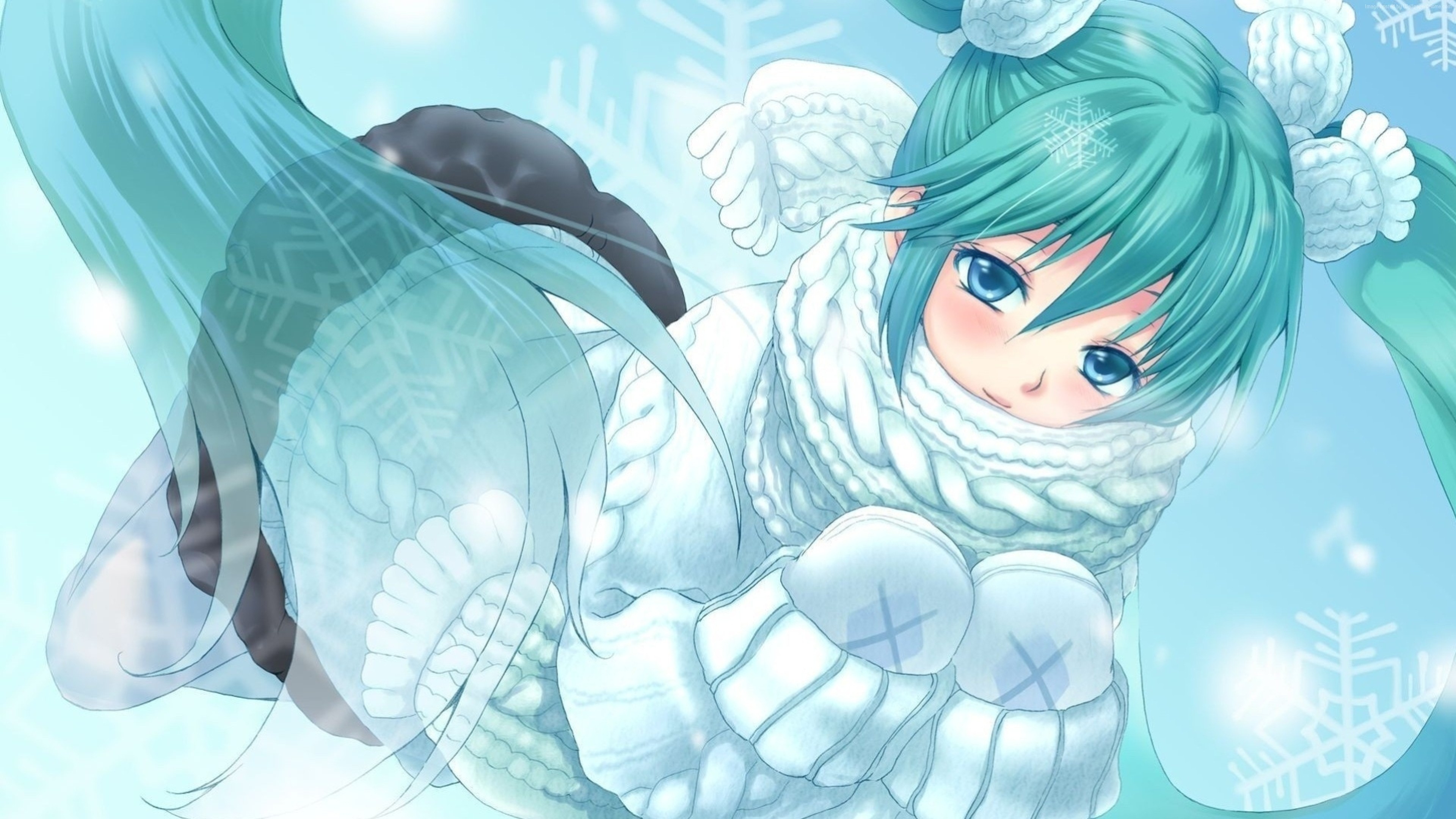 Anime girl in winter attire with blue hair HD Wallpaper