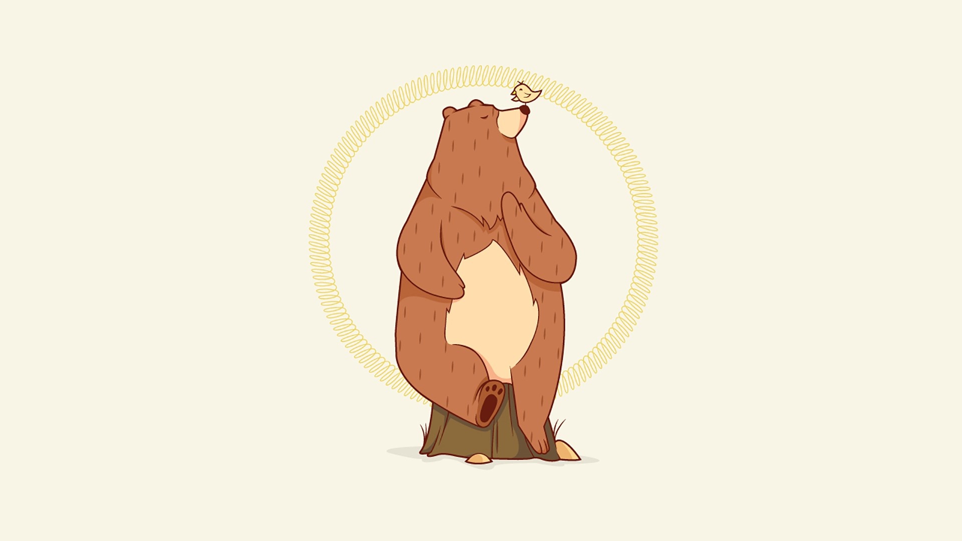 Bear meditating with a bird on its nose HD Wallpaper