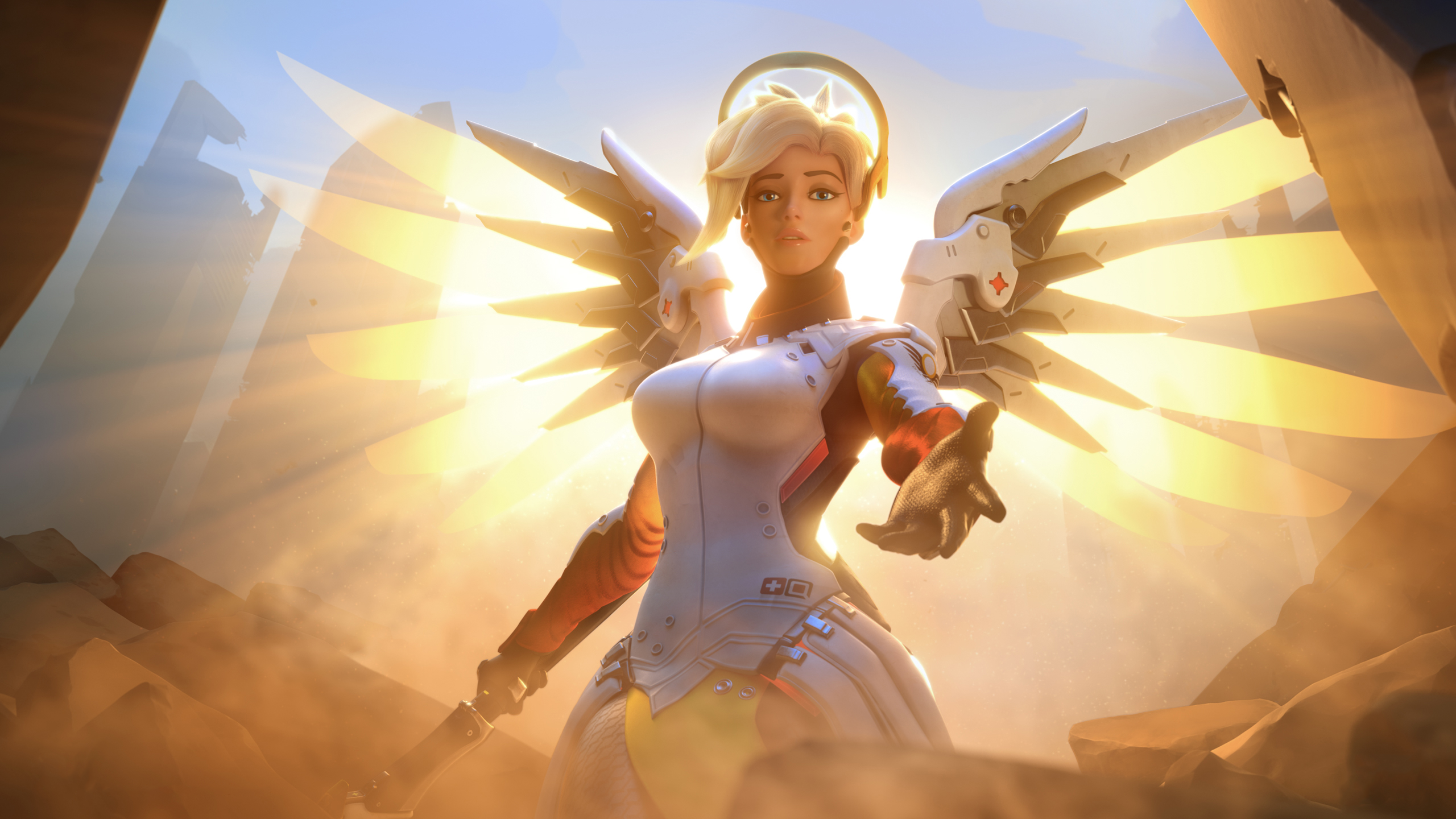 Mercy from Overwatch with wings outstretched HD Wallpaper