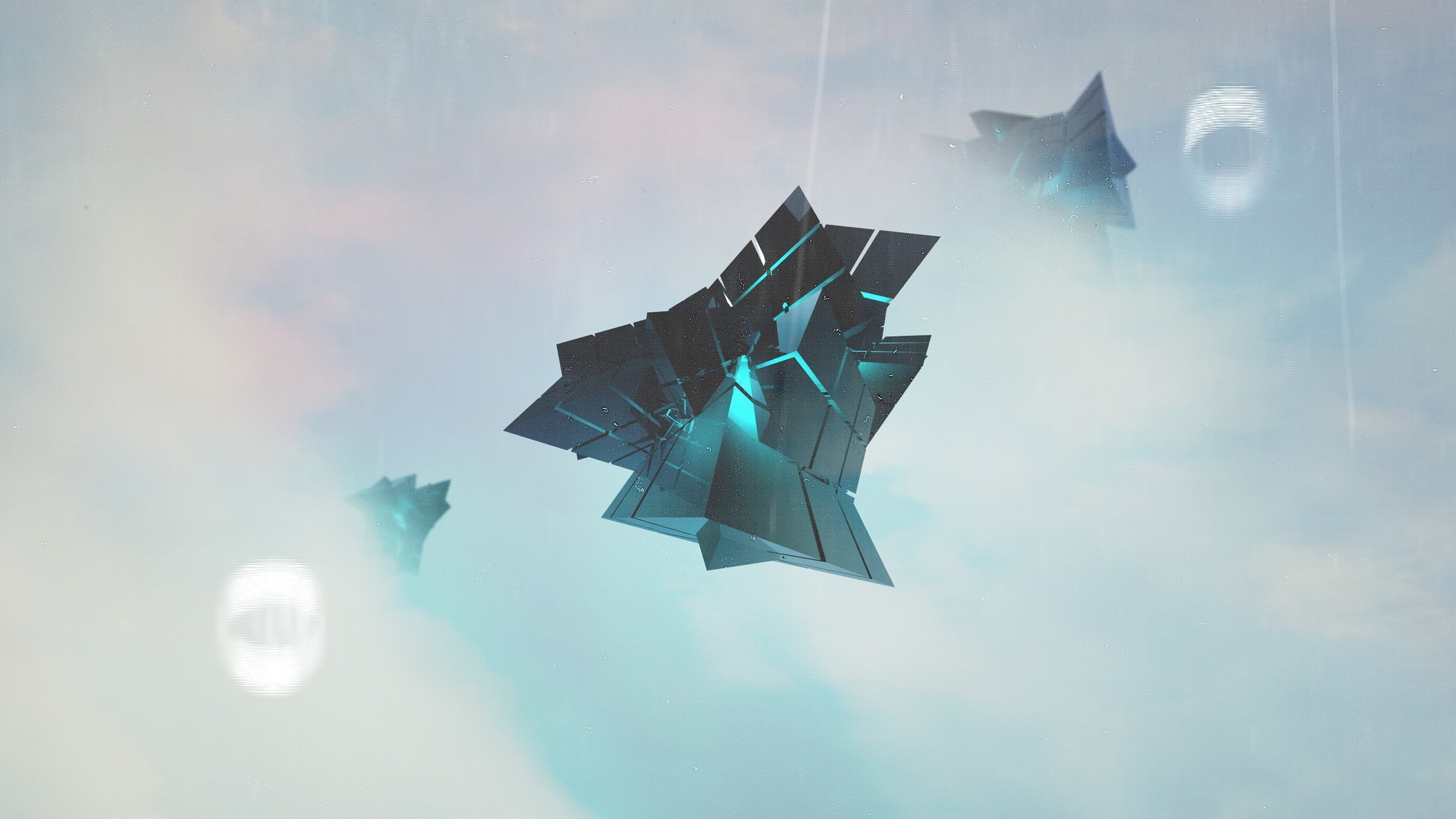 Abstract geometric spacecraft in a cloudy sky HD Wallpaper