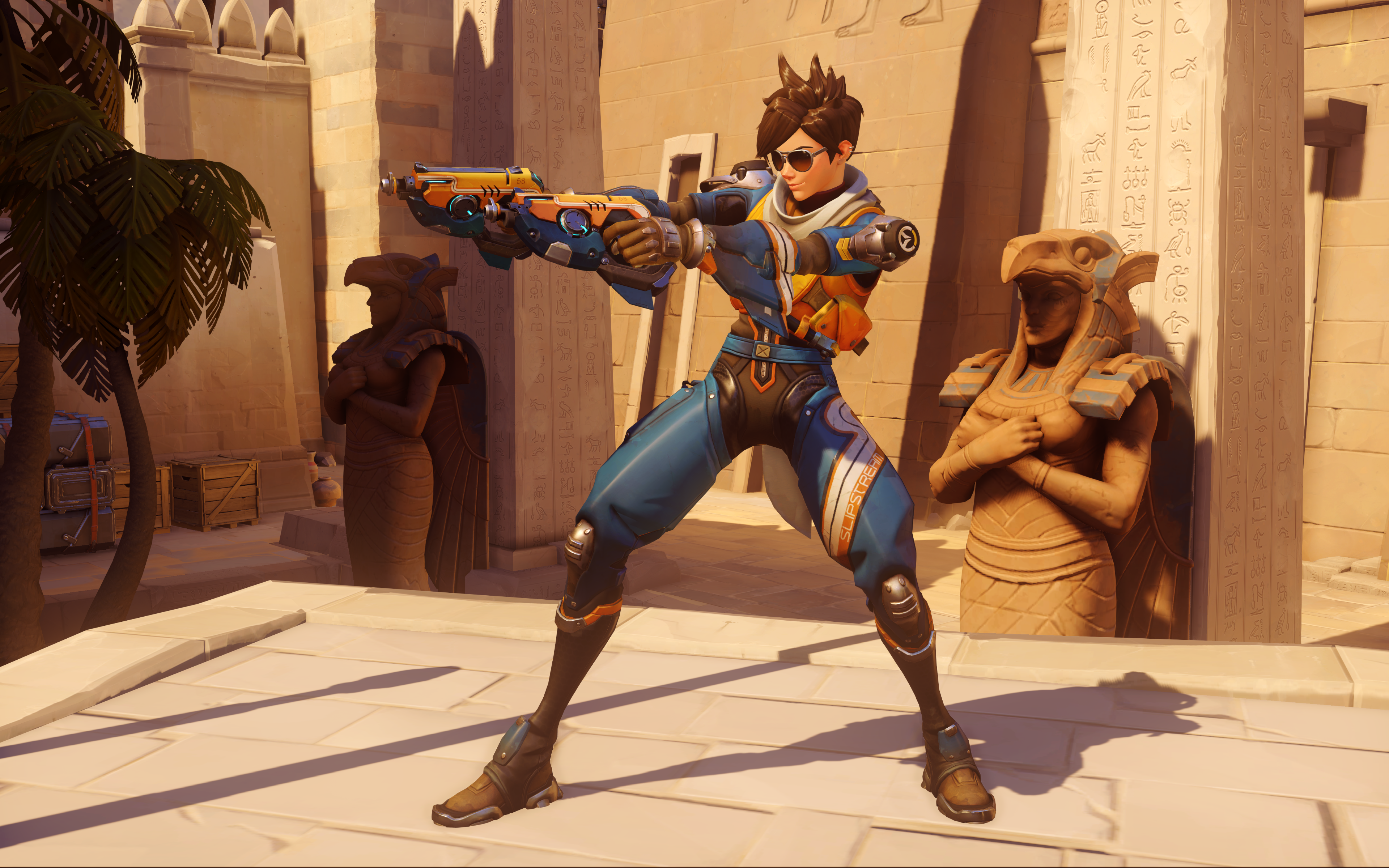 Tracer from Overwatch in an Egyptian-themed map HD Wallpaper