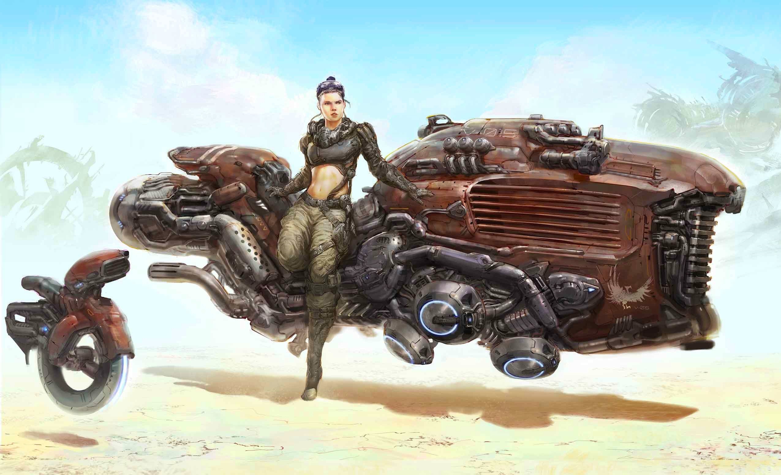 Woman with futuristic motorcycle and hoverbike HD Wallpaper