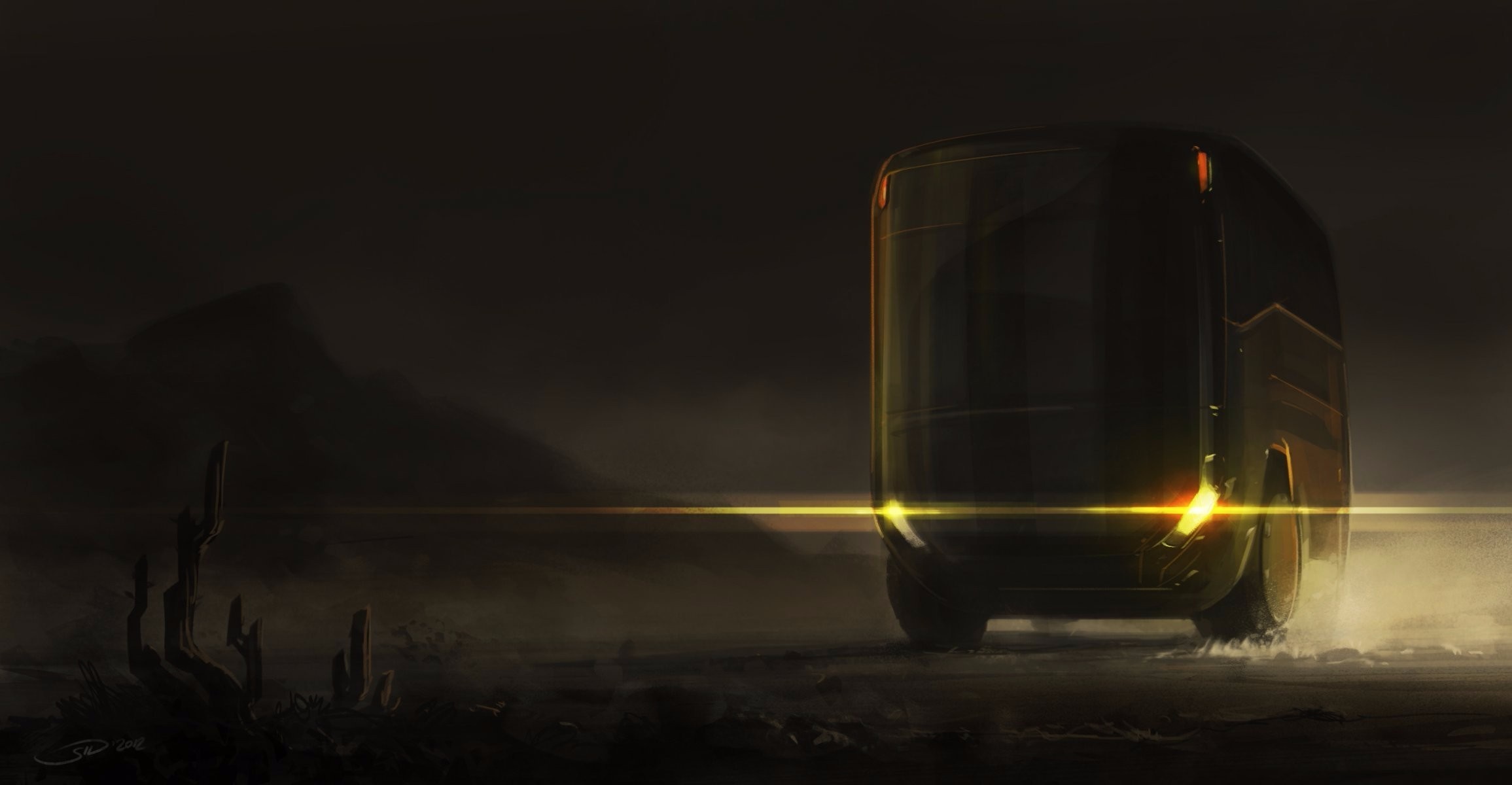 Futuristic bus driving through a desert at dusk HD Wallpaper