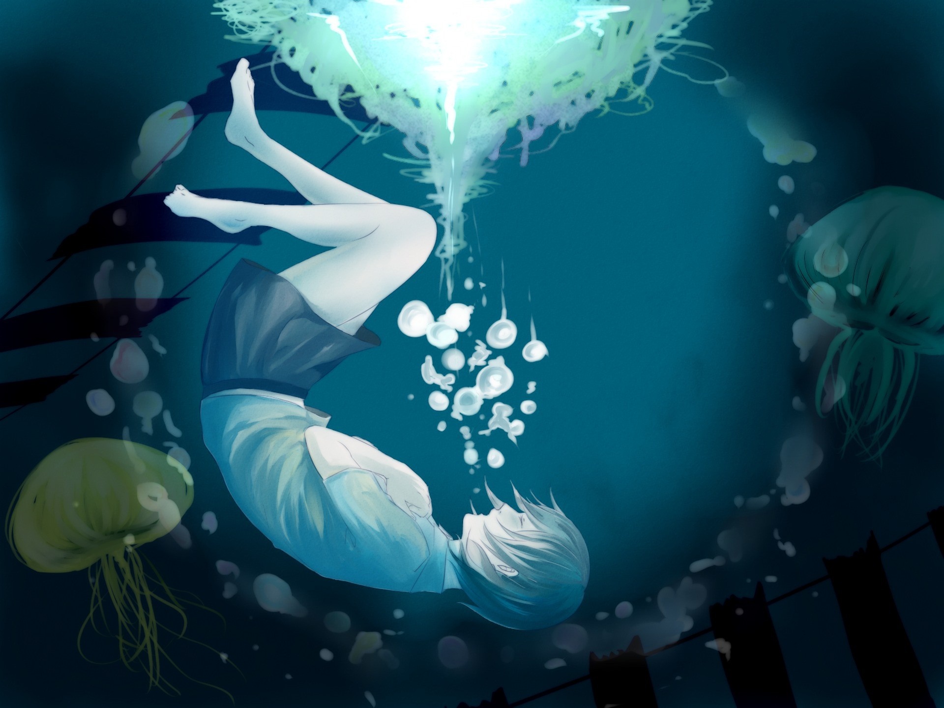 Girl underwater with jellyfish and light HD Wallpaper
