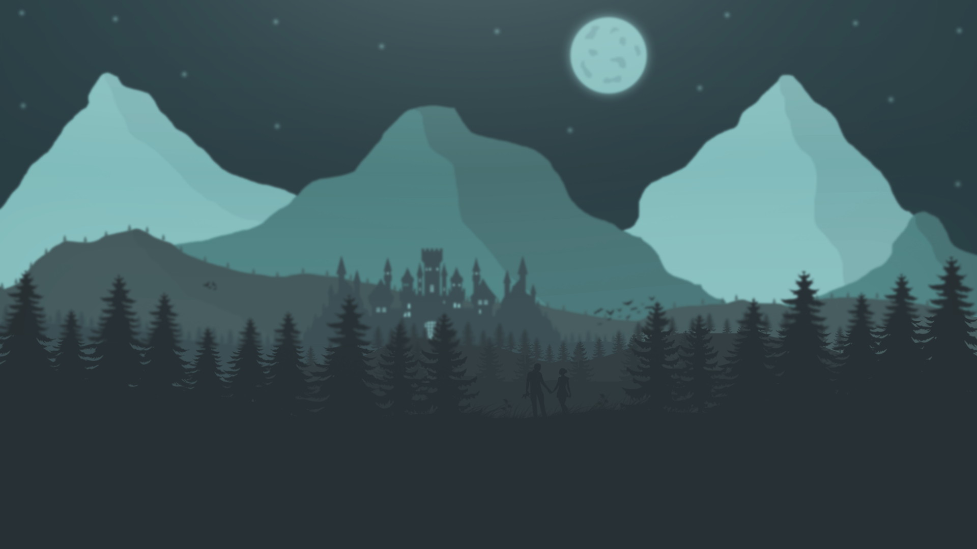 Castle on a hill under moonlight with mountains and forest HD Wallpaper