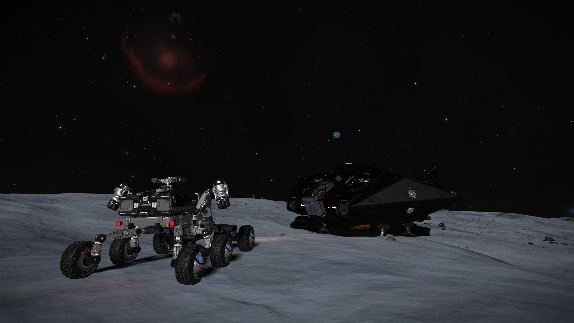 Planetary rover and ship on a moon in Elite Dangerous HD Wallpaper
