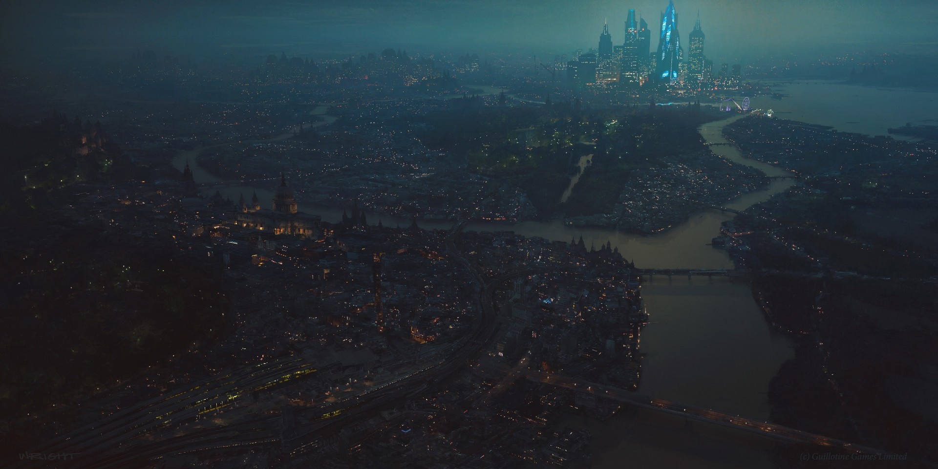 Aerial view of a futuristic city at night HD Wallpaper