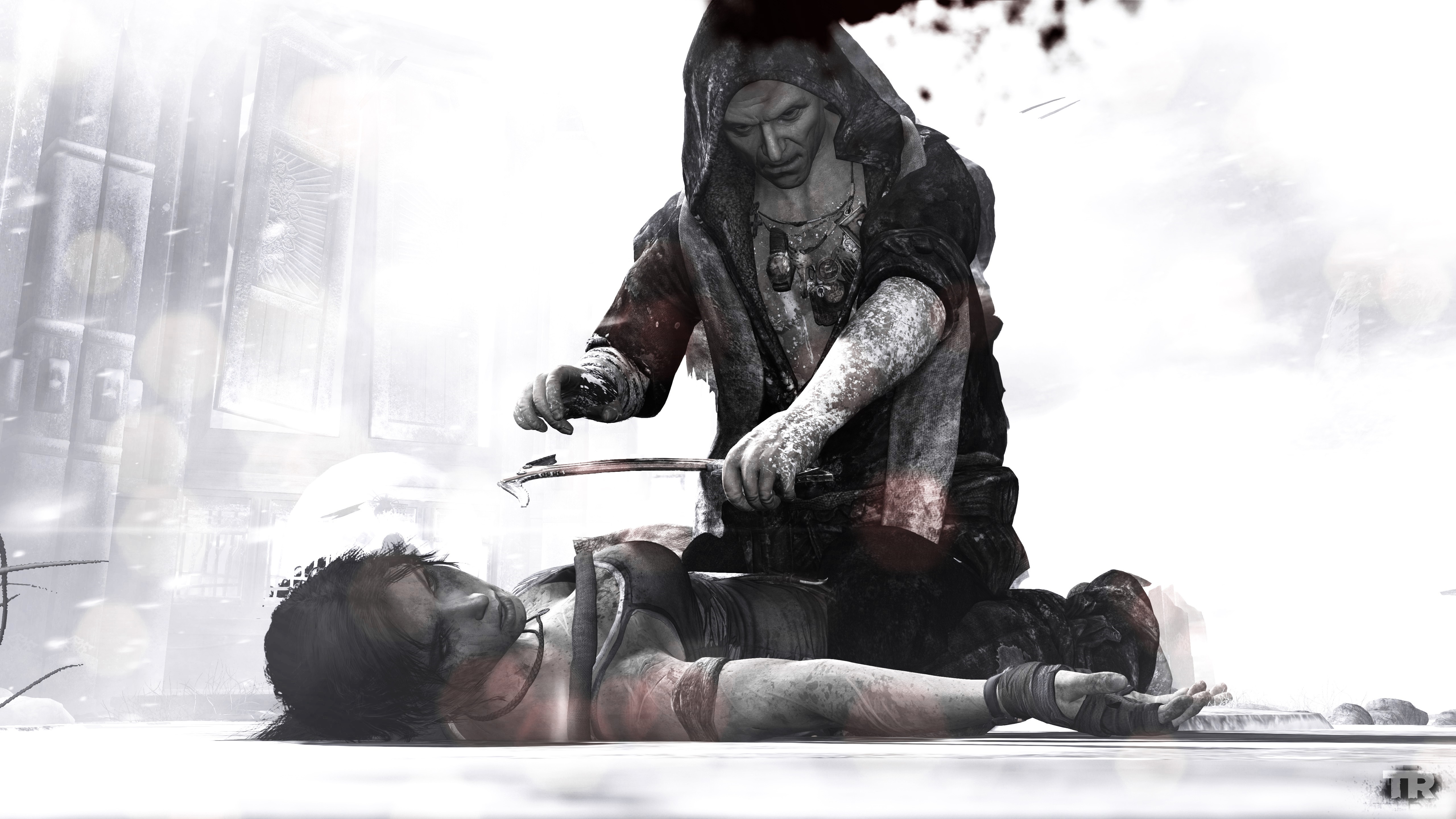 Lara Croft from Tomb Raider being tended to HD Wallpaper