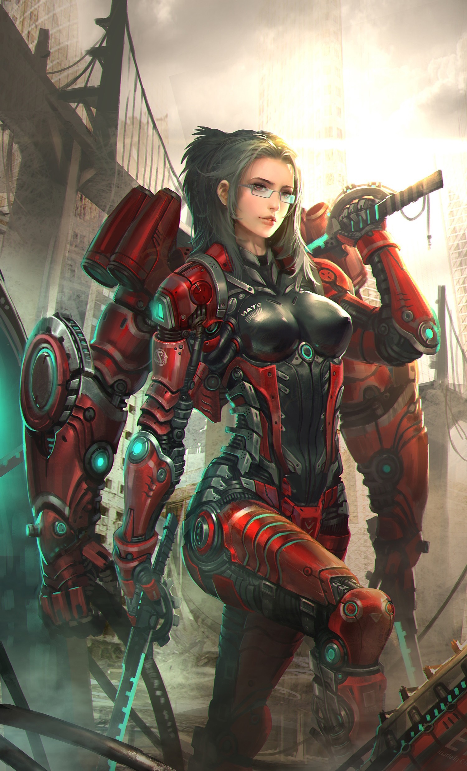 Futuristic warrior in red armor with swords HD Wallpaper