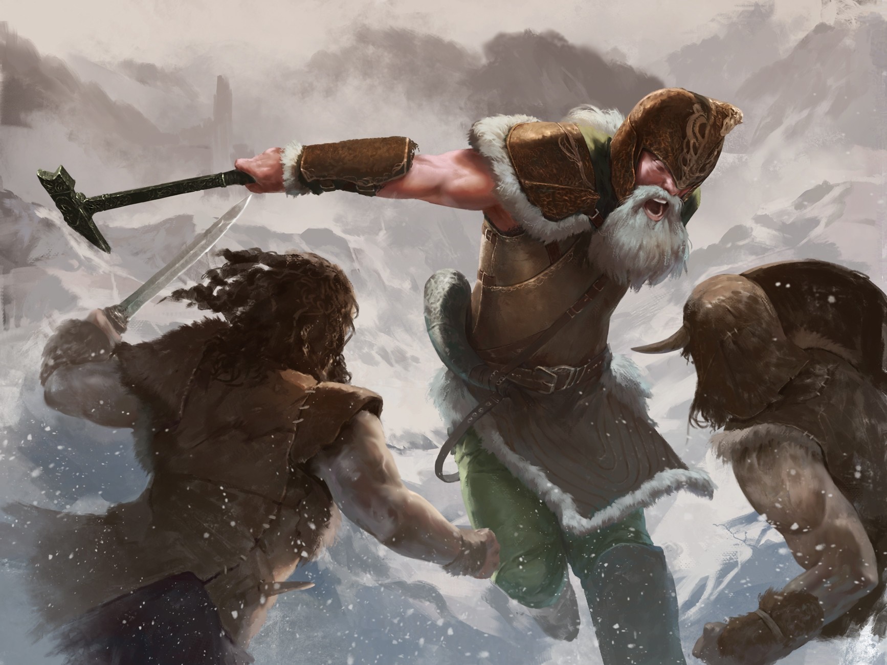 Fantasy warriors fighting in a snowy landscape HD Wallpaper