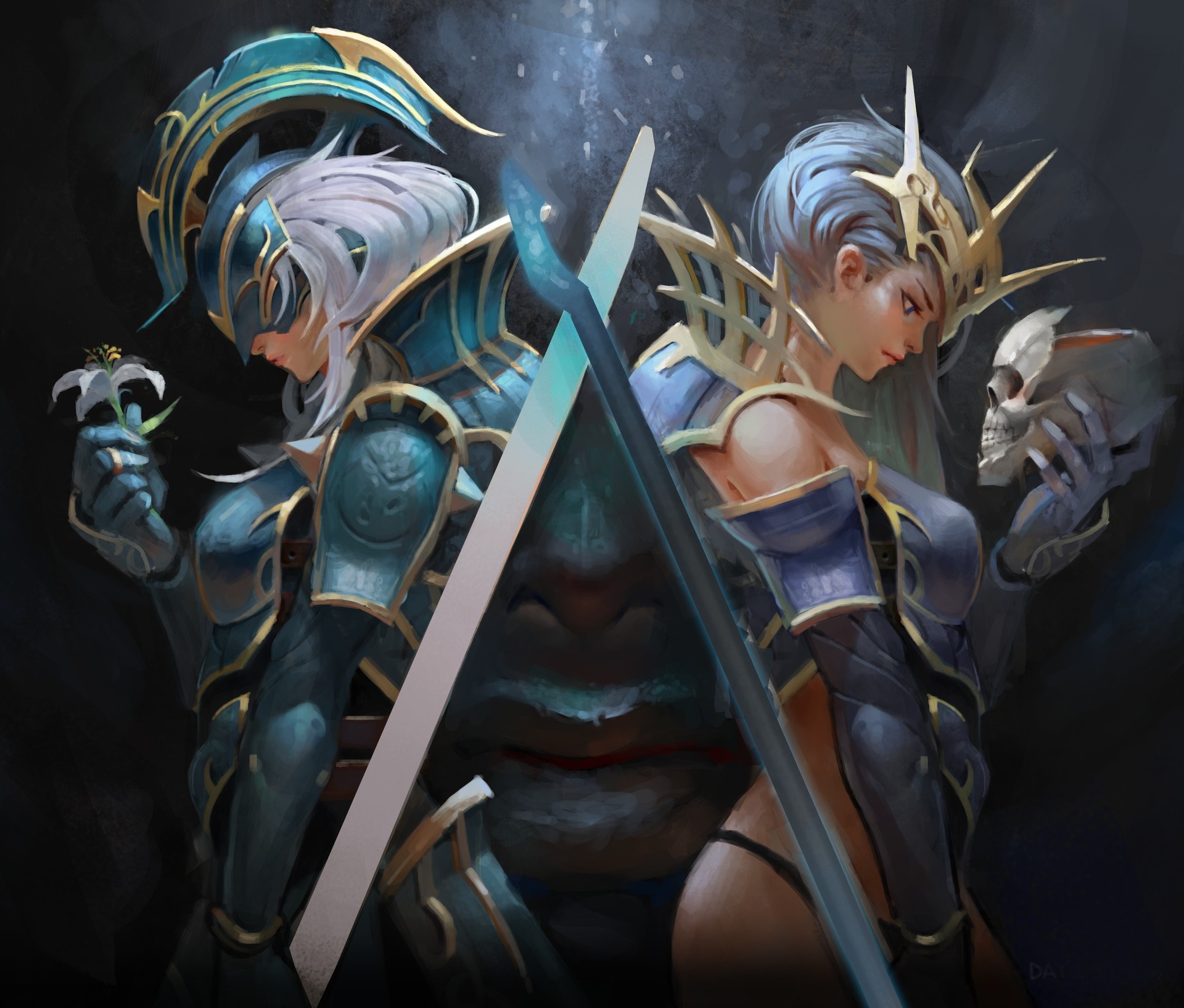 Two female warriors in armor, one holding a flower, the other a skull HD Wallpaper