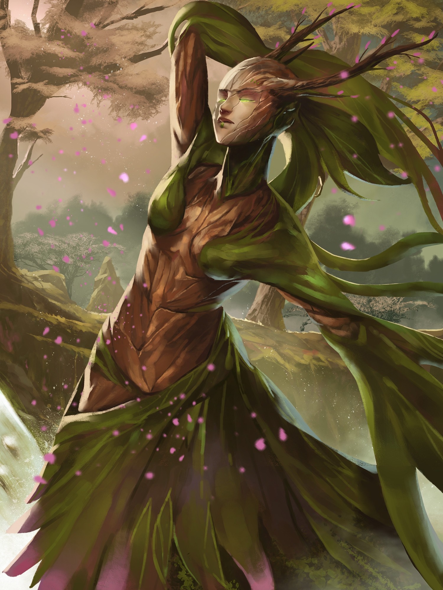 Fantasy tree spirit with green leaves and pink flowers HD Wallpaper