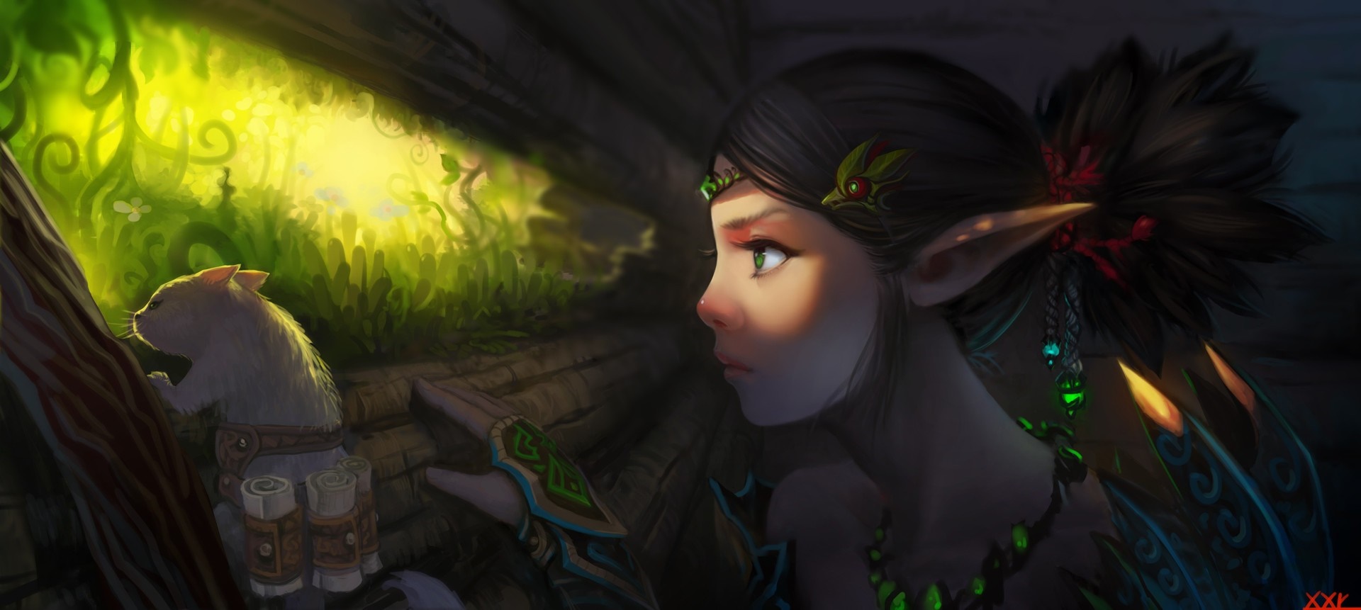 Elf girl and creature in a sunlit forest HD Wallpaper